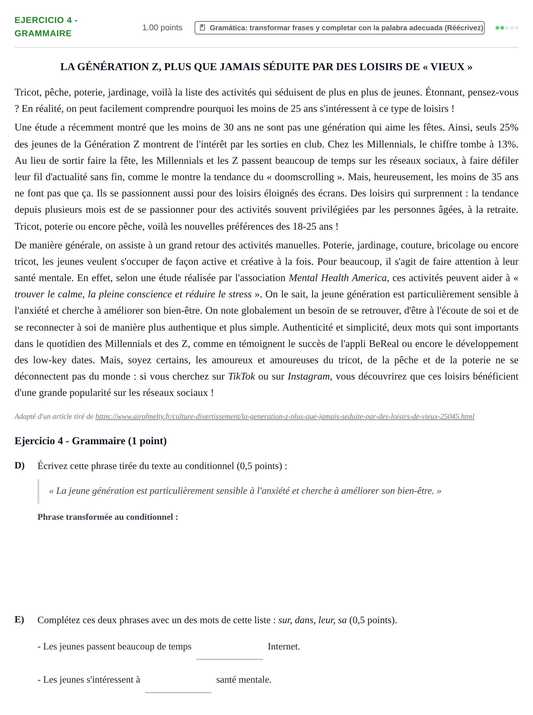 Enunciado: Ejercicio 4 - Grammaire · Francés PAU La Rioja Ordinaria 2026