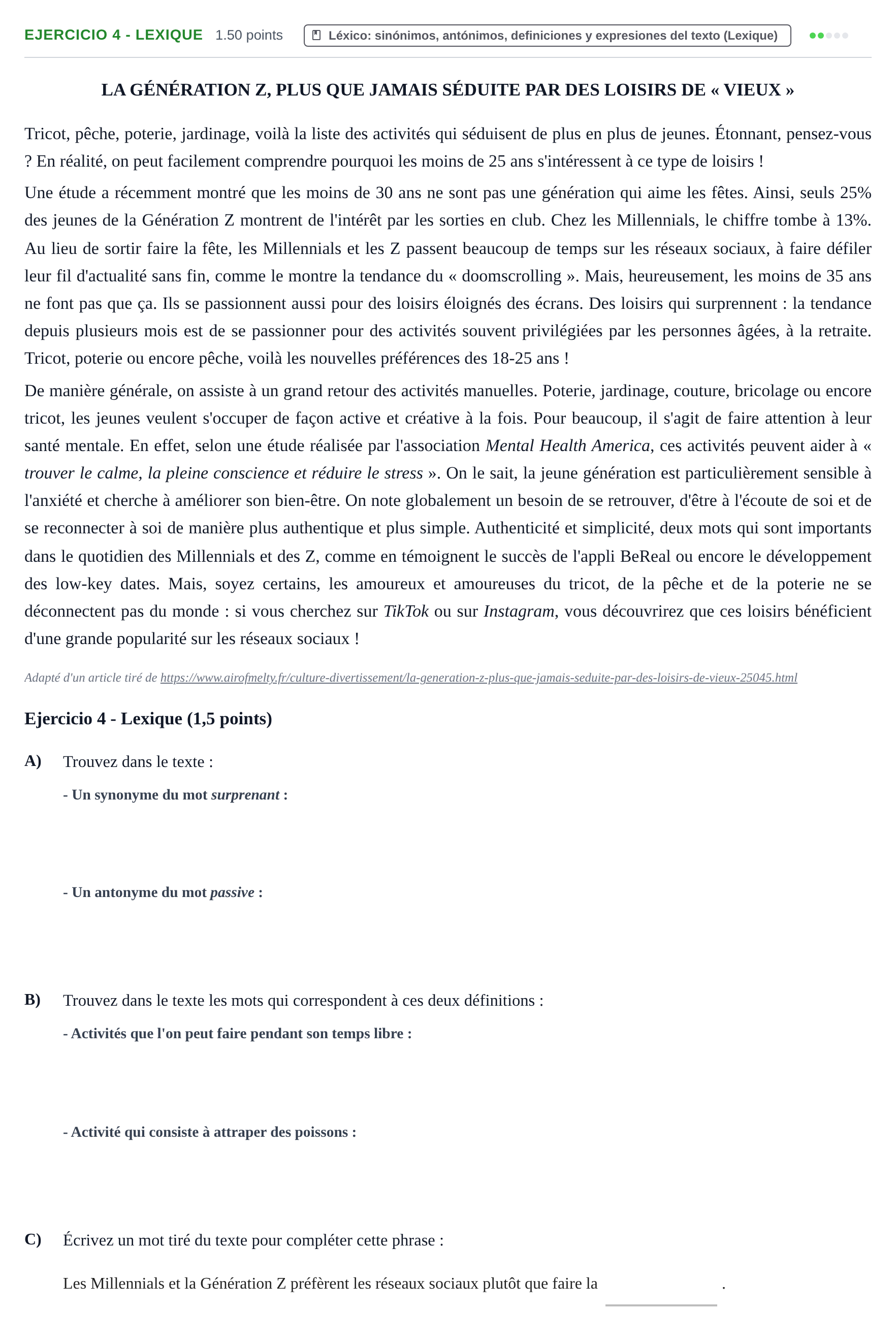 Enunciado: Ejercicio 4 - Lexique · Francés PAU La Rioja Ordinaria 2026