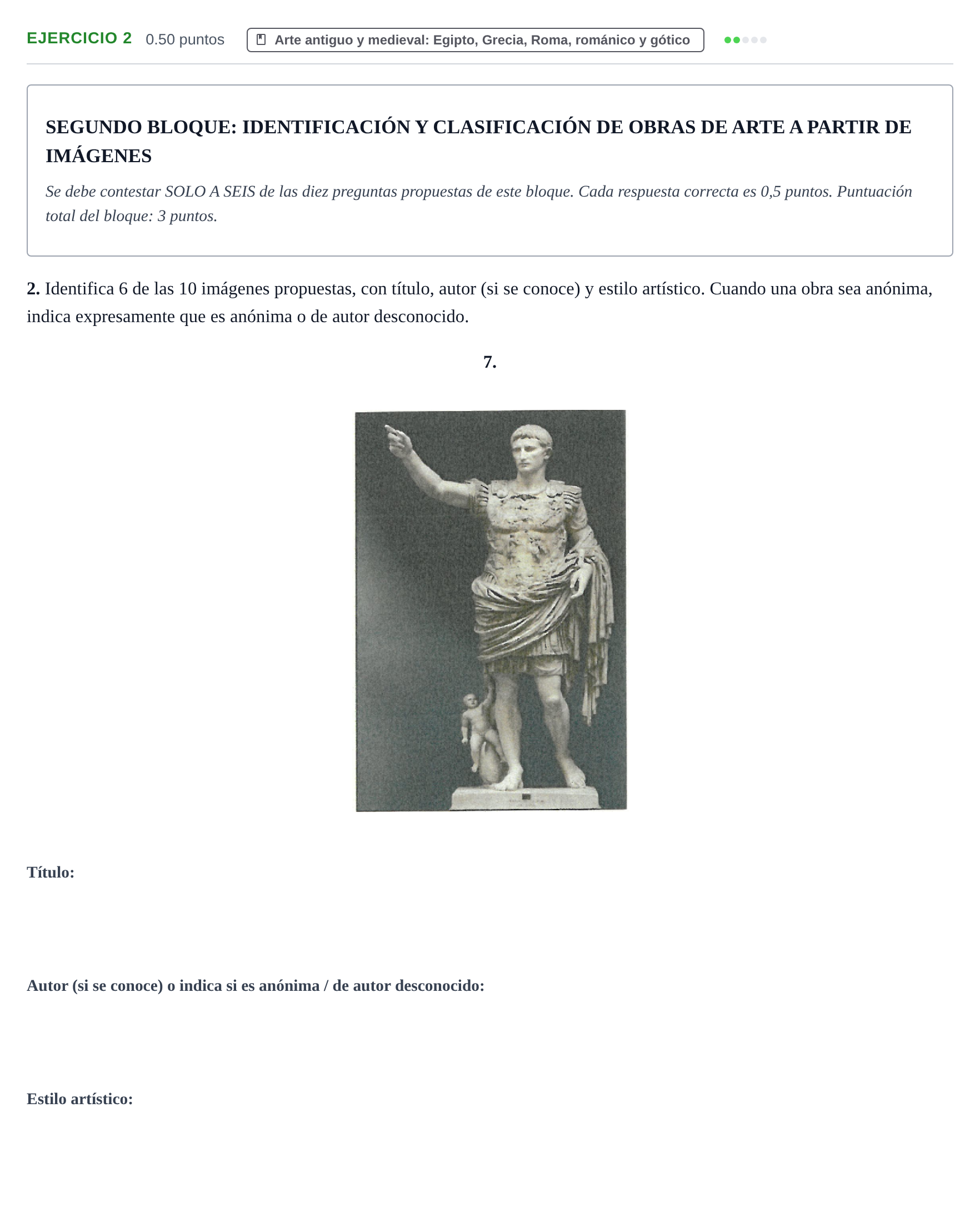 Enunciado: Ejercicio 2 - Arte antiguo y medieval · Fundamentos Artísticos PAU La Rioja Ordinaria 2026