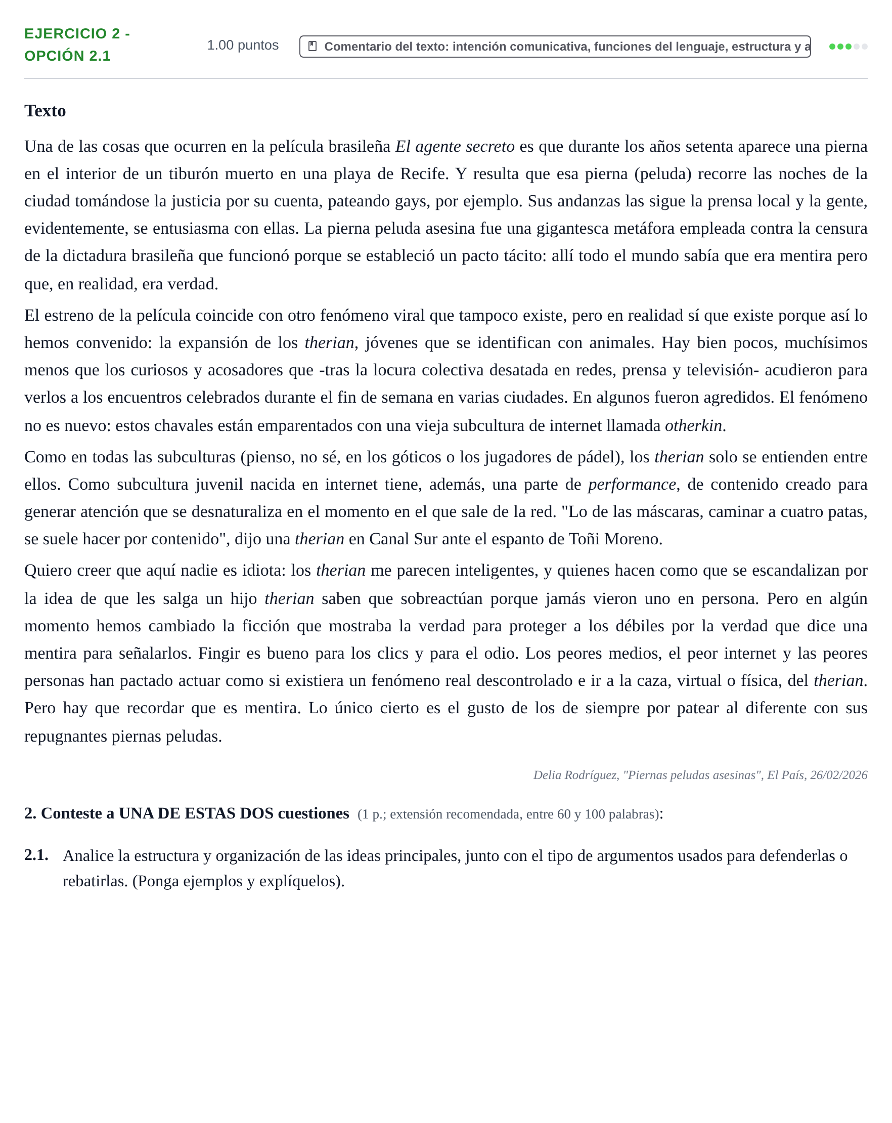 Enunciado: Ejercicio 2 - Opción 2.1 · Lengua Castellana y Literatura II PAU La Rioja Ordinaria 2026