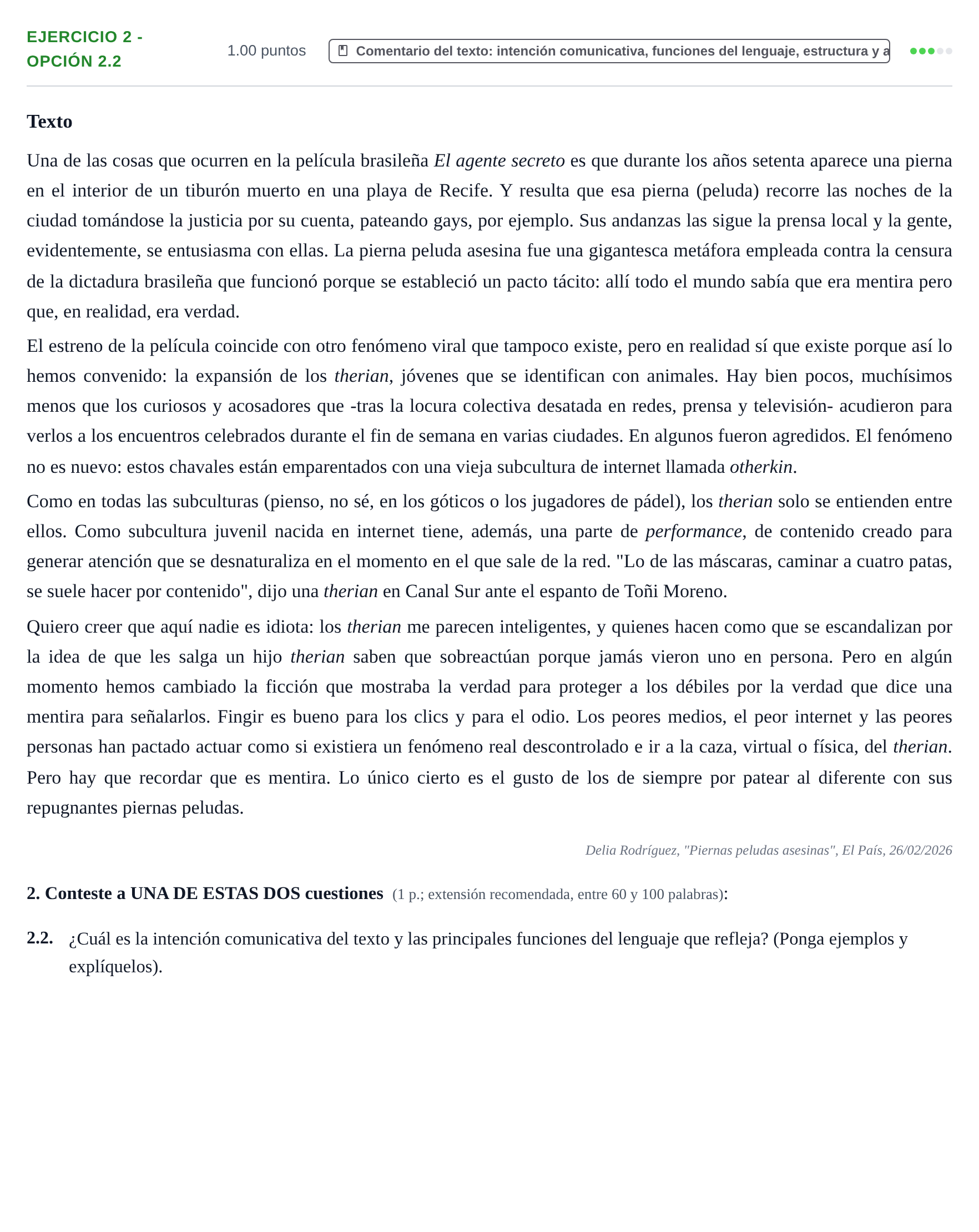Enunciado: Ejercicio 2 - Opción 2.2 · Lengua Castellana y Literatura II PAU La Rioja Ordinaria 2026