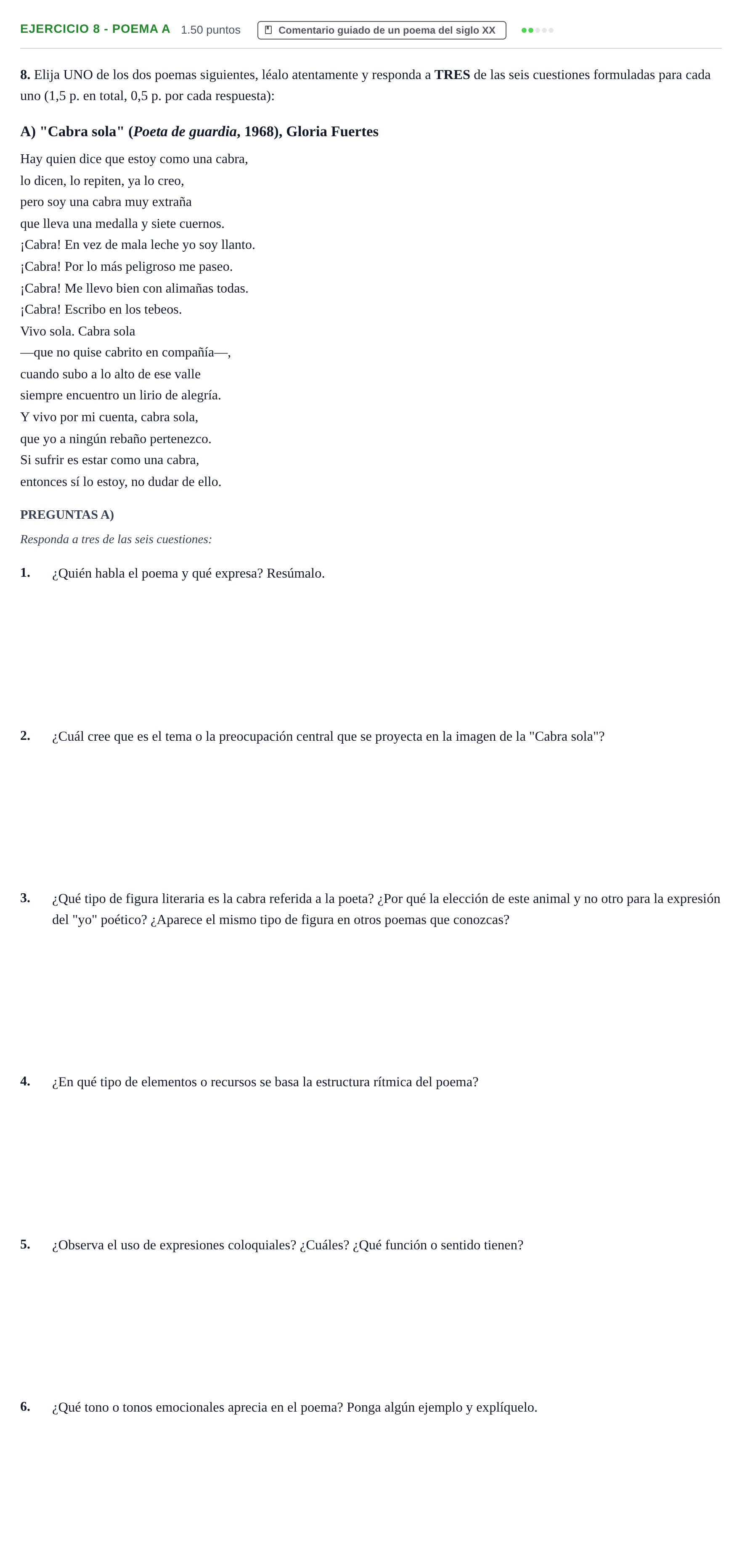 Enunciado: Ejercicio 8 - Poema A · Lengua Castellana y Literatura II PAU La Rioja Ordinaria 2026