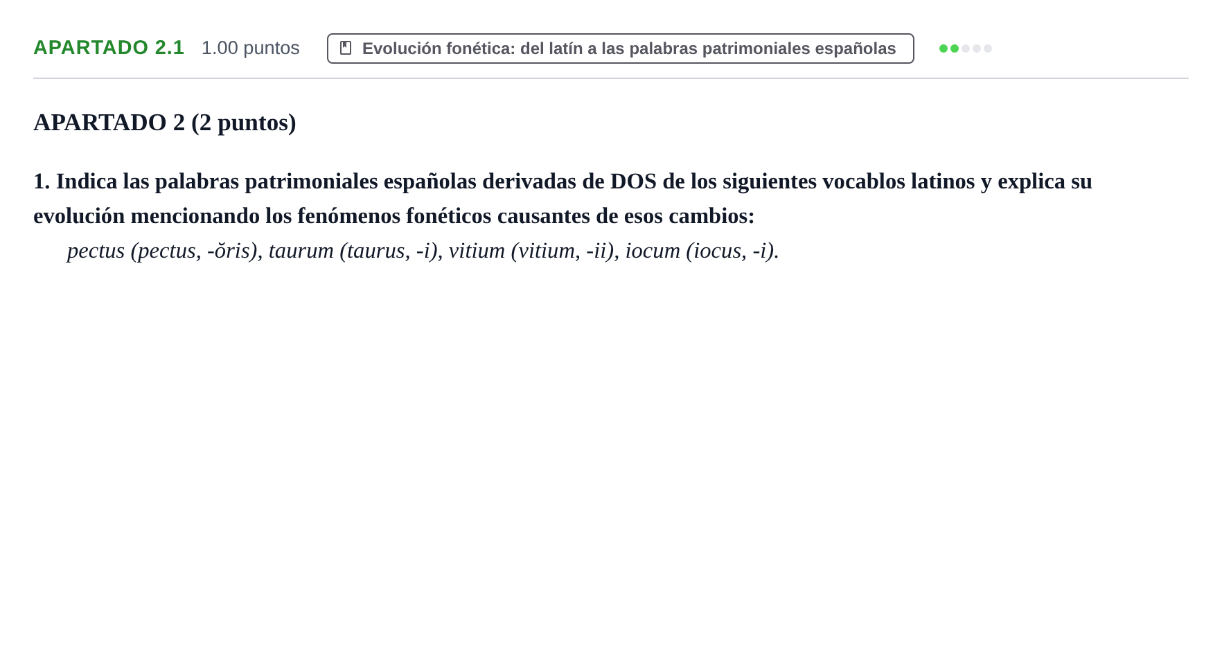 Enunciado: Apartado 2.1 - Evolución fonética · Latín II PAU La Rioja Ordinaria 2026