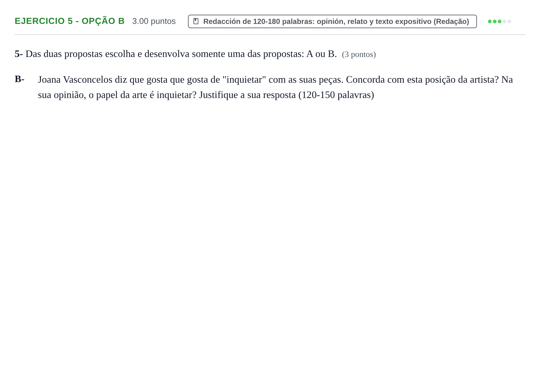 Enunciado: Ejercicio 5 - Opção B · Portugués PAU Baleares Ordinaria 2025