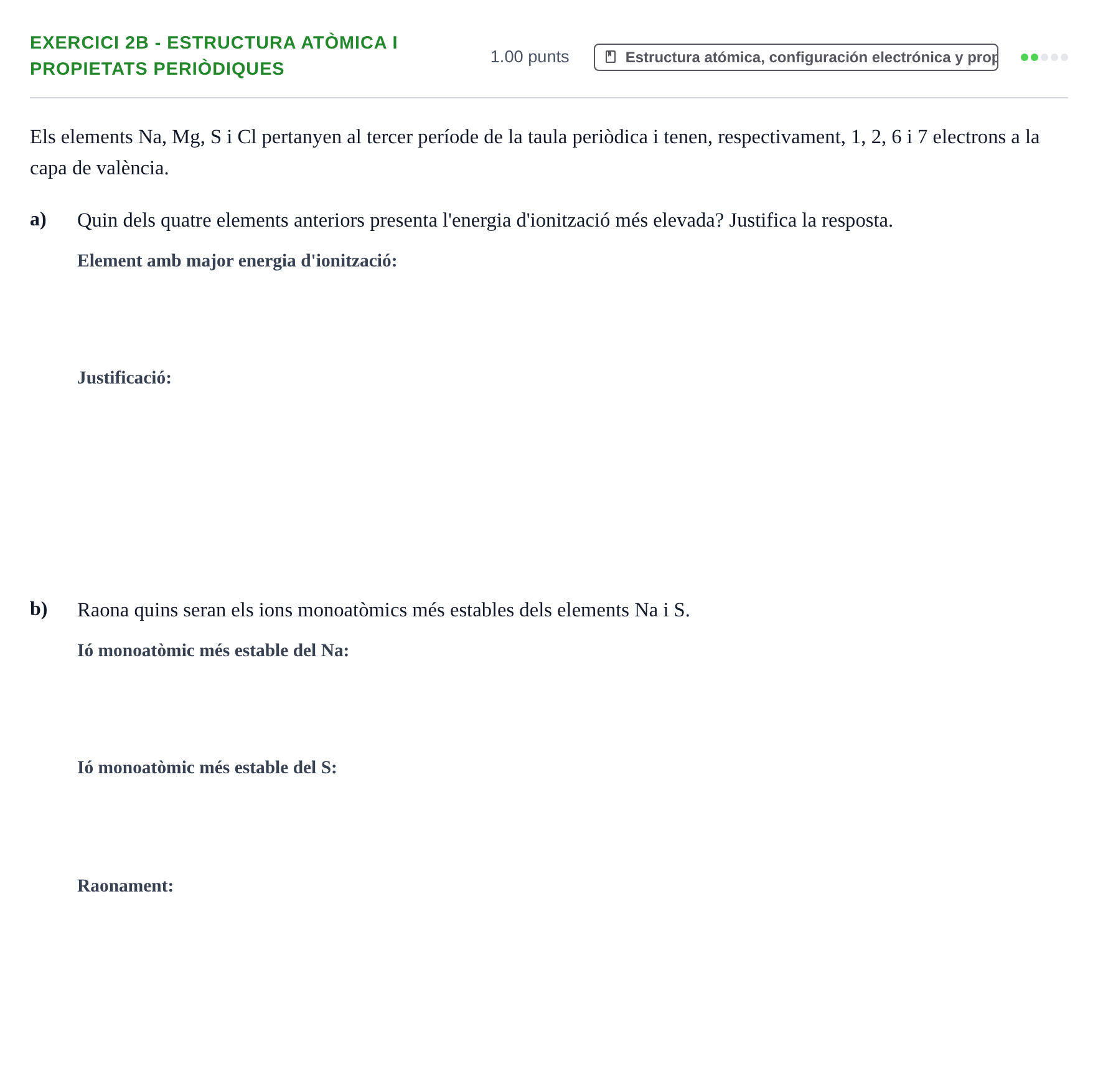 Enunciado: Ejercicio 2B - Estructura atòmica i propietats periòdiques · Química PAU Baleares Ordinaria 2025