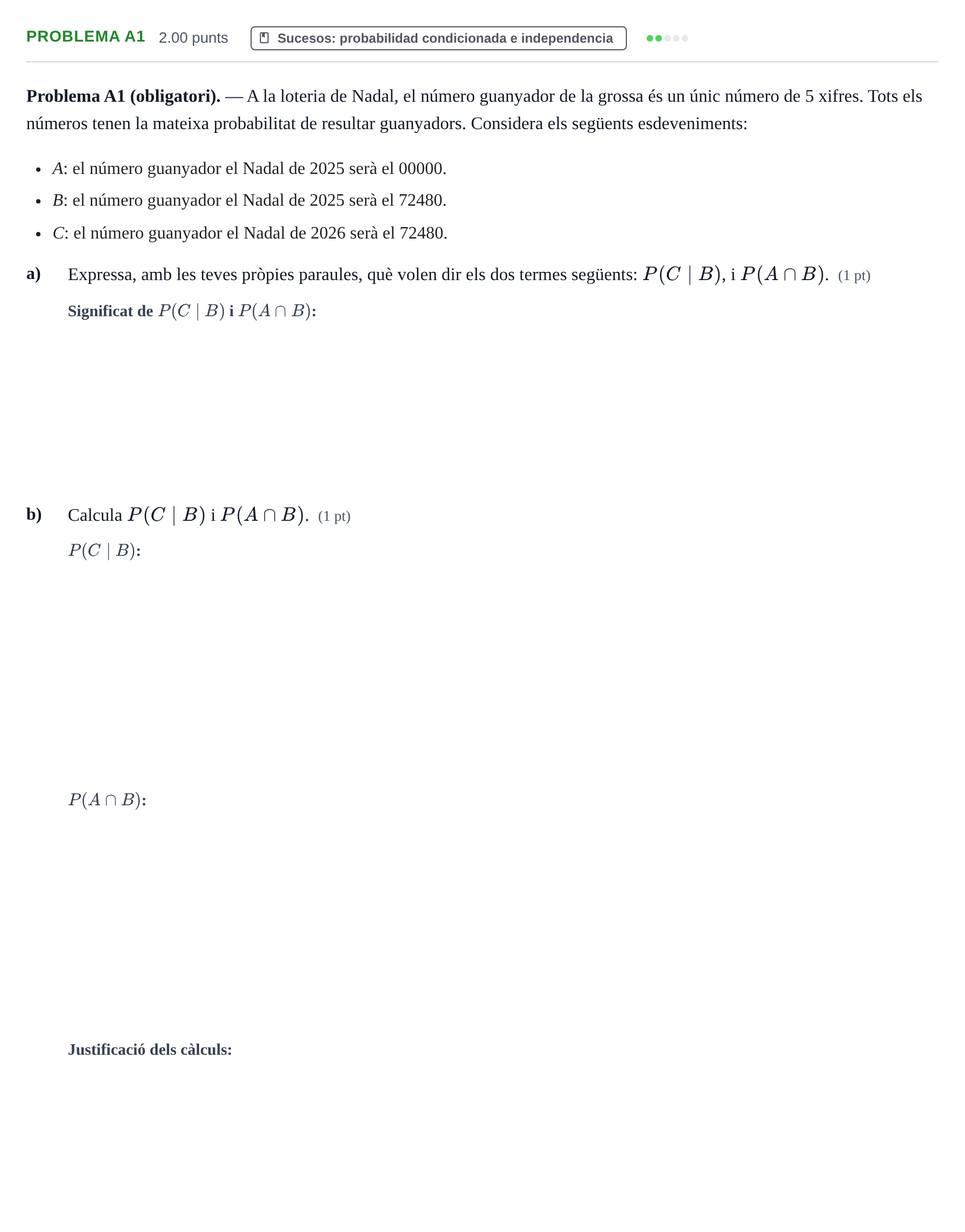 Enunciado: Problema A1 · Matemáticas aplicadas a las Ciencias Sociales II PAU Baleares Ordinaria 2025