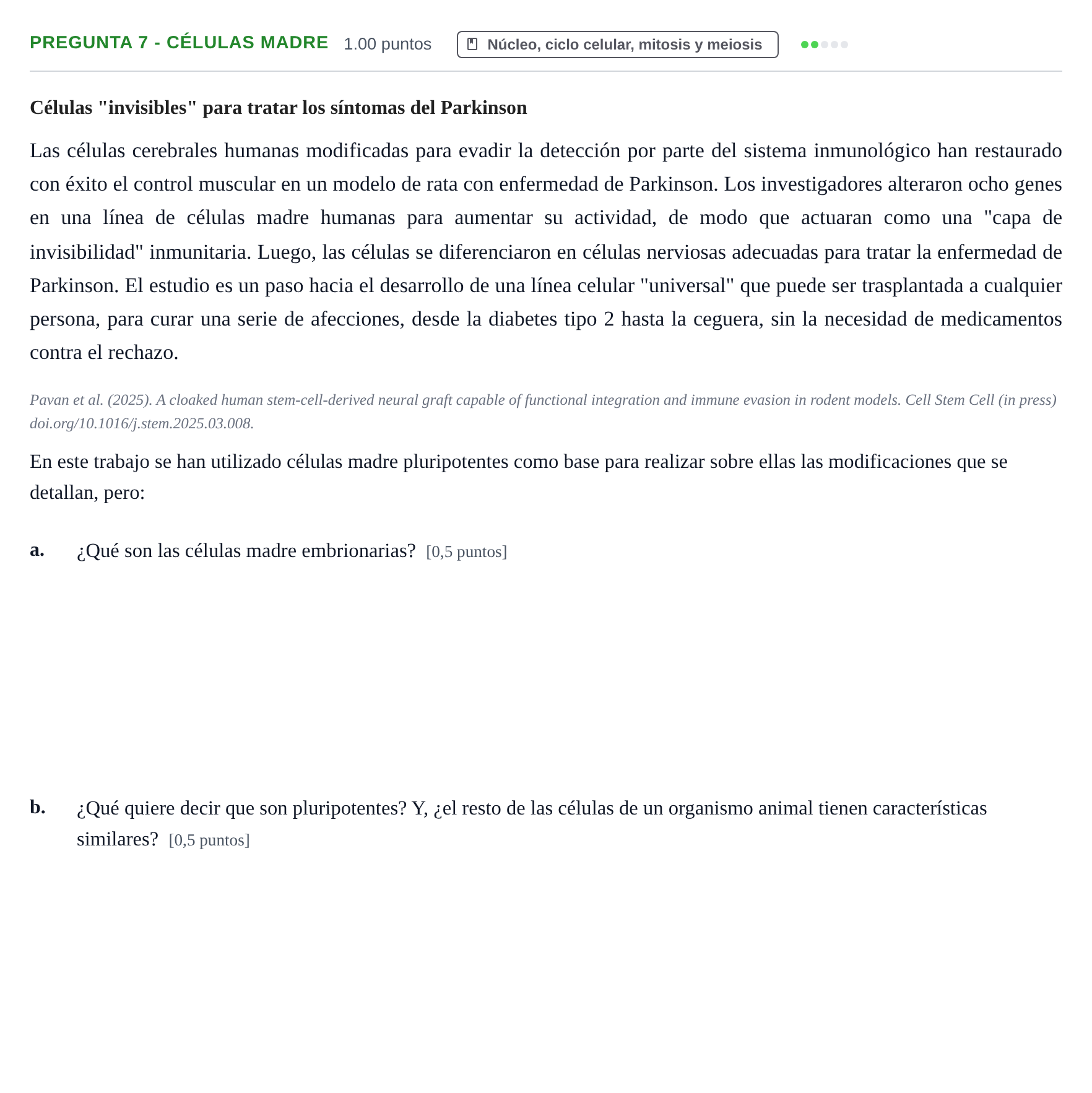 Enunciado: Pregunta 7 - Células madre · Biología PAU La Rioja Ordinaria 2025