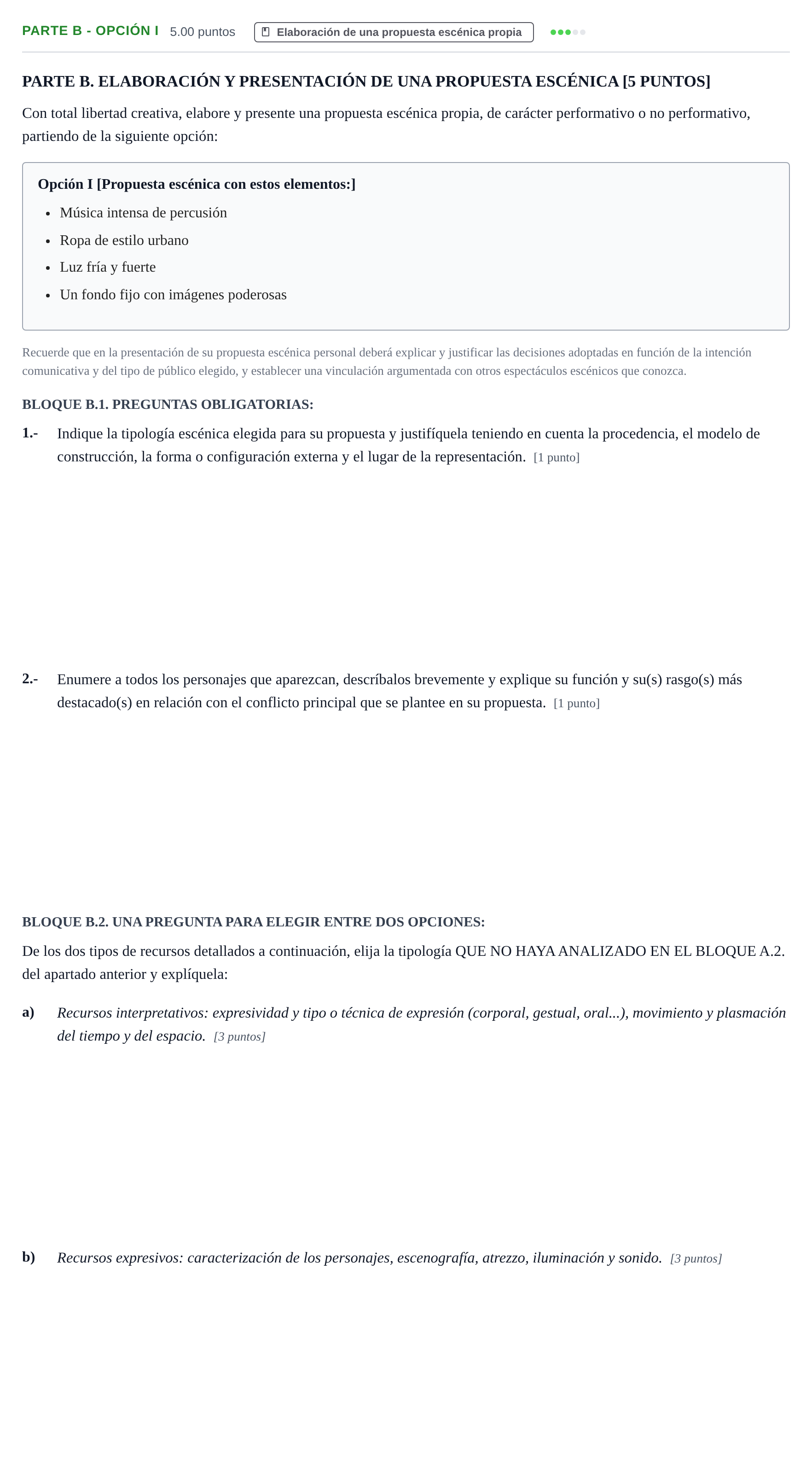 Enunciado: Ejercicio Parte B - Opción I · Artes Escénicas PAU La Rioja Extraordinaria 2025