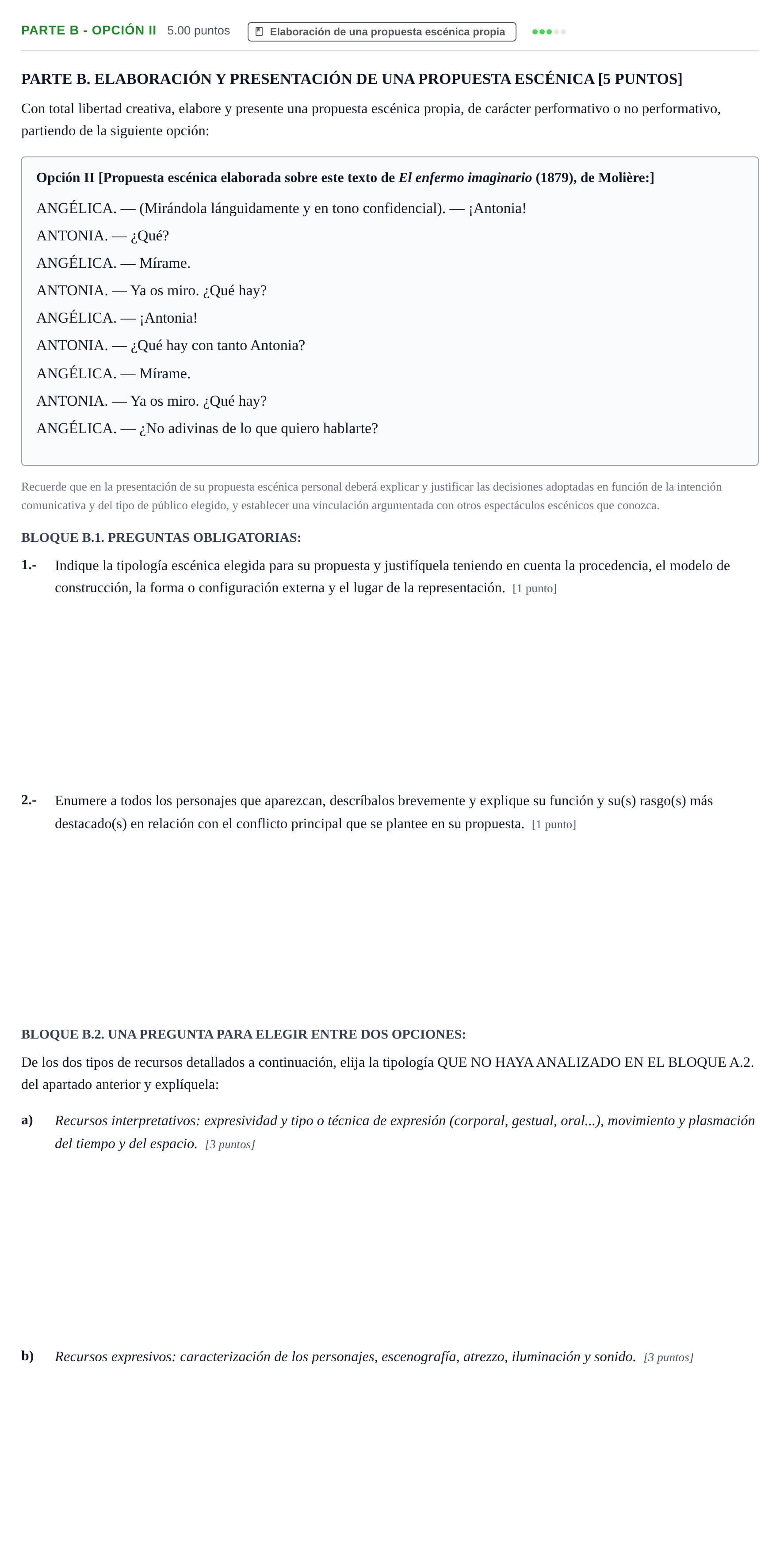 Enunciado: Ejercicio Parte B - Opción II · Artes Escénicas PAU La Rioja Extraordinaria 2025