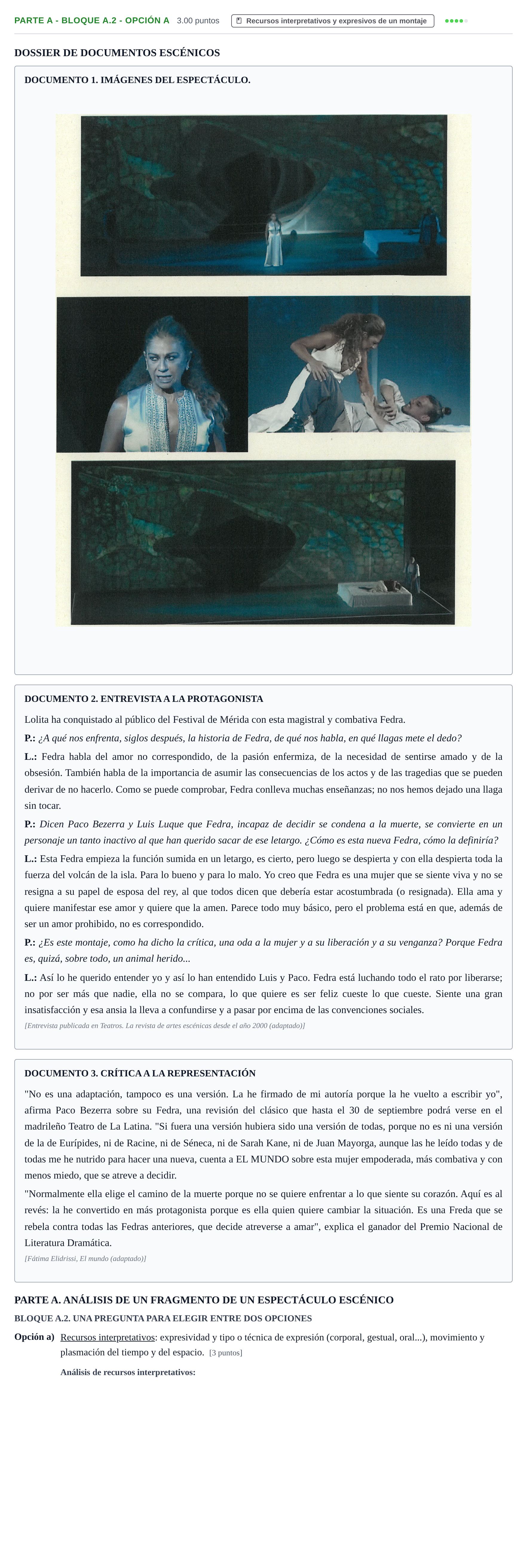 Enunciado: Ejercicio Parte A - Bloque A.2 - Opción a · Artes Escénicas PAU La Rioja Ordinaria 2025
