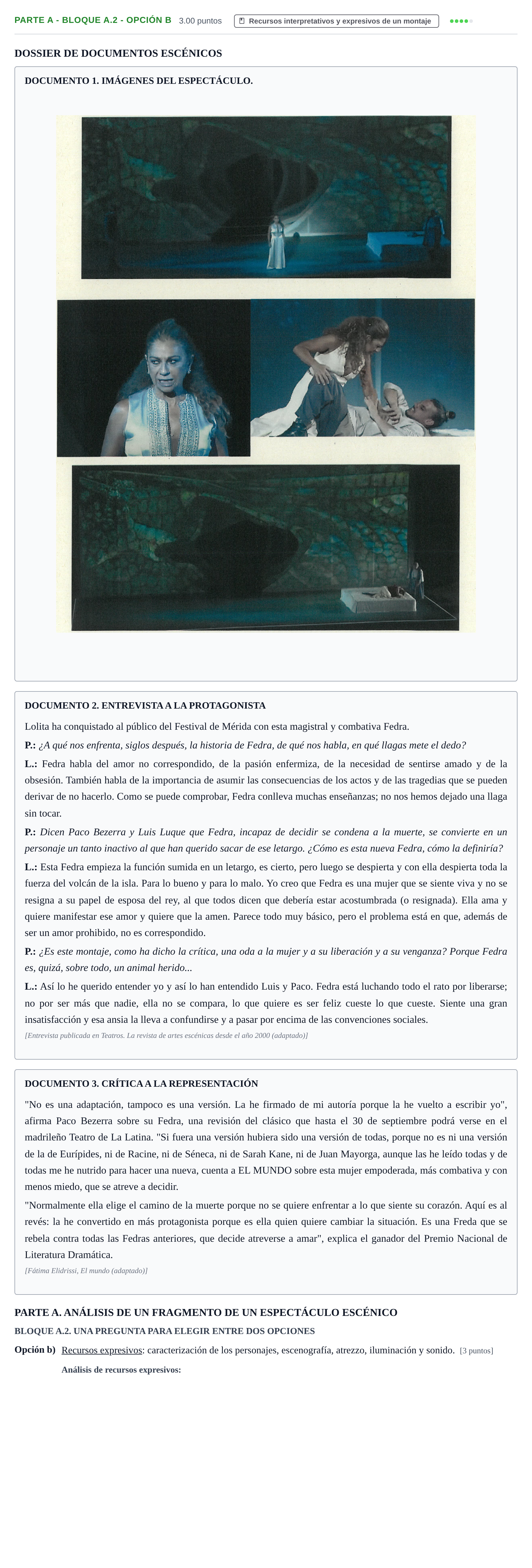 Enunciado: Ejercicio Parte A - Bloque A.2 - Opción b · Artes Escénicas PAU La Rioja Ordinaria 2025