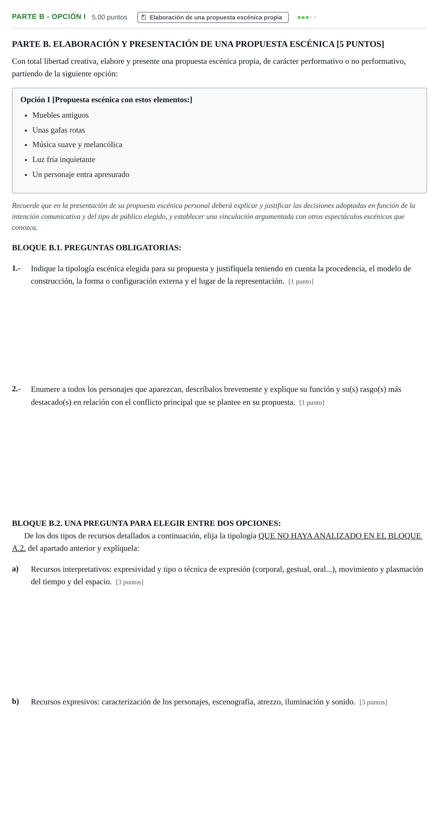 Enunciado: Ejercicio Parte B - Opción I · Artes Escénicas PAU La Rioja Ordinaria 2025