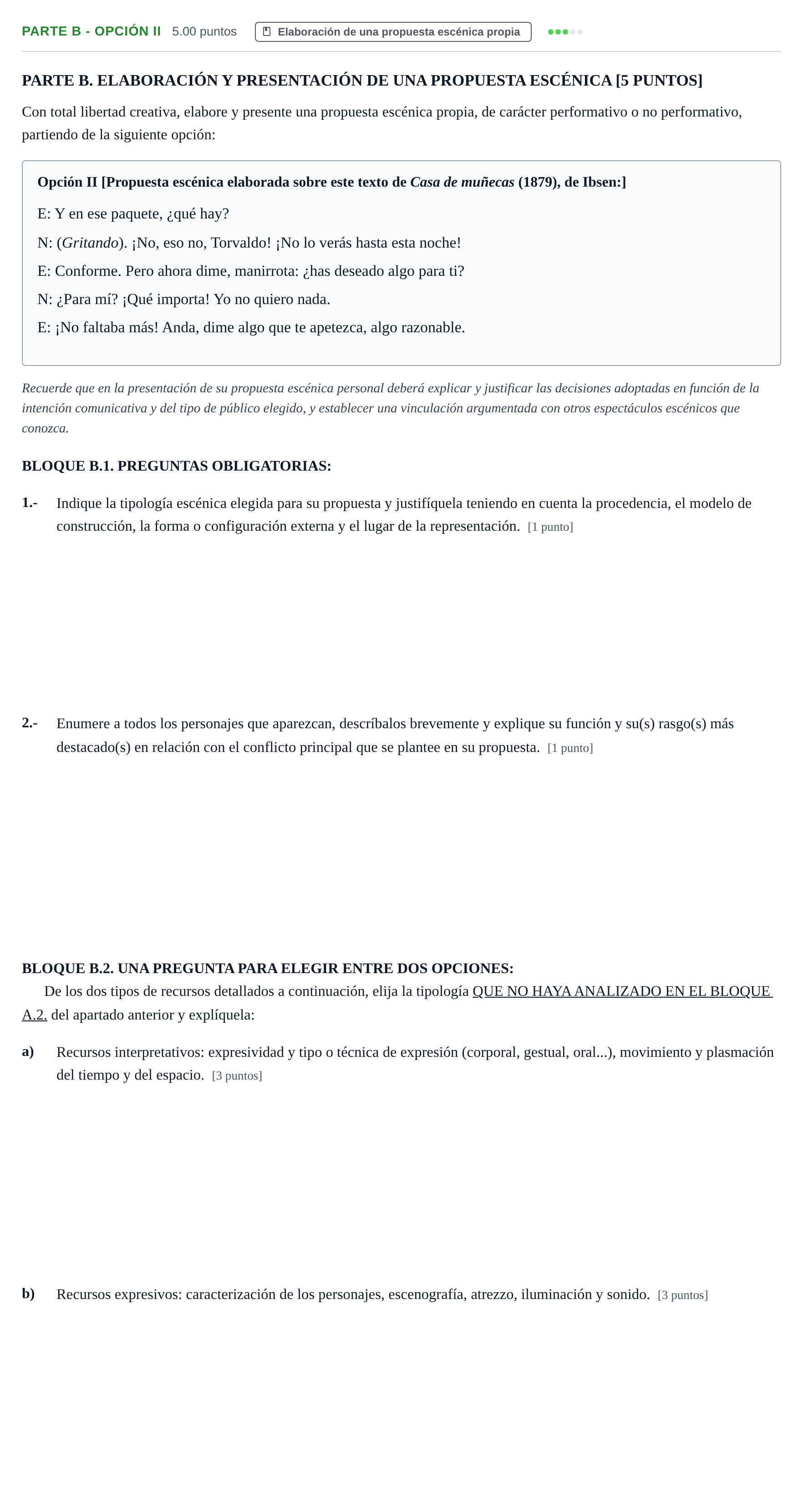 Enunciado: Ejercicio Parte B - Opción II · Artes Escénicas PAU La Rioja Ordinaria 2025