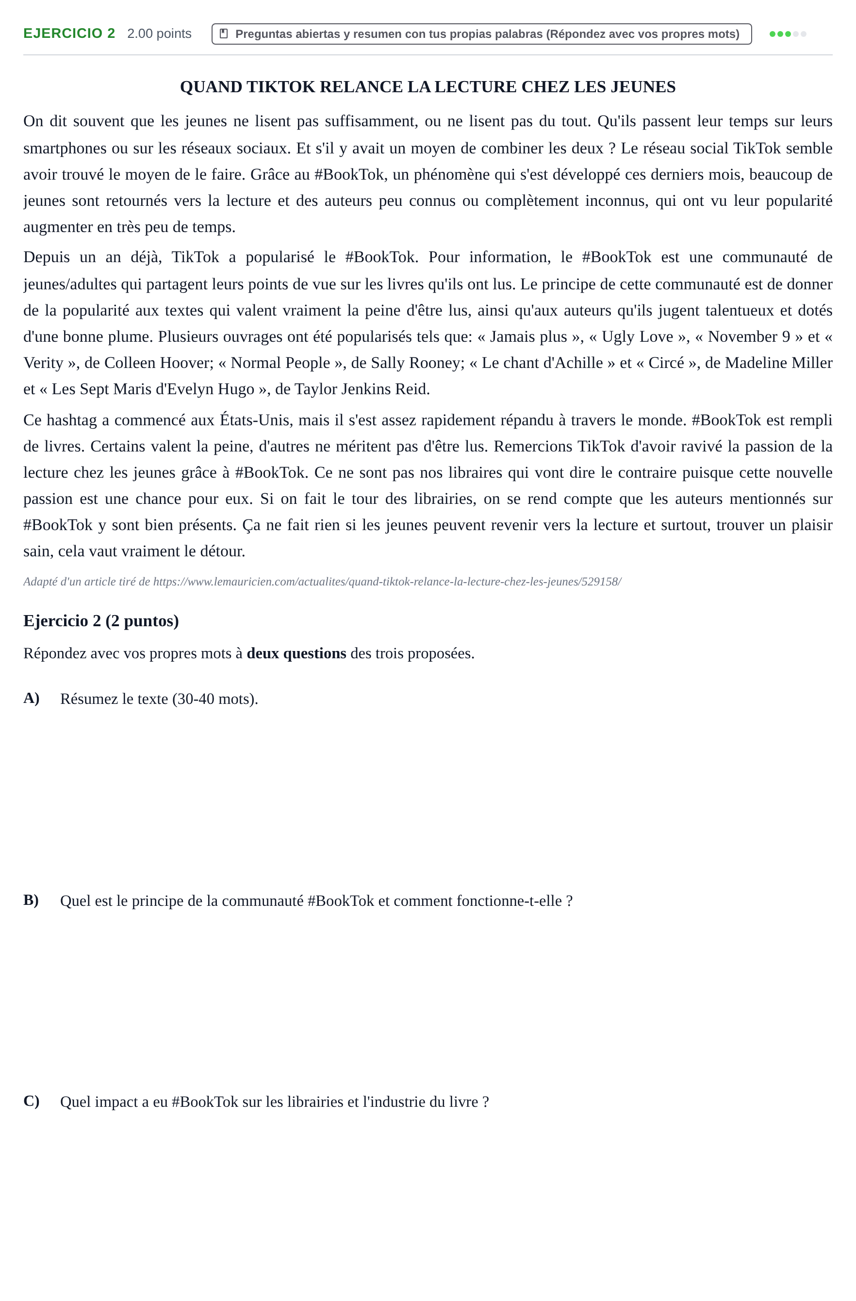 Enunciado: Ejercicio 2 · Francés PAU La Rioja Extraordinaria 2025