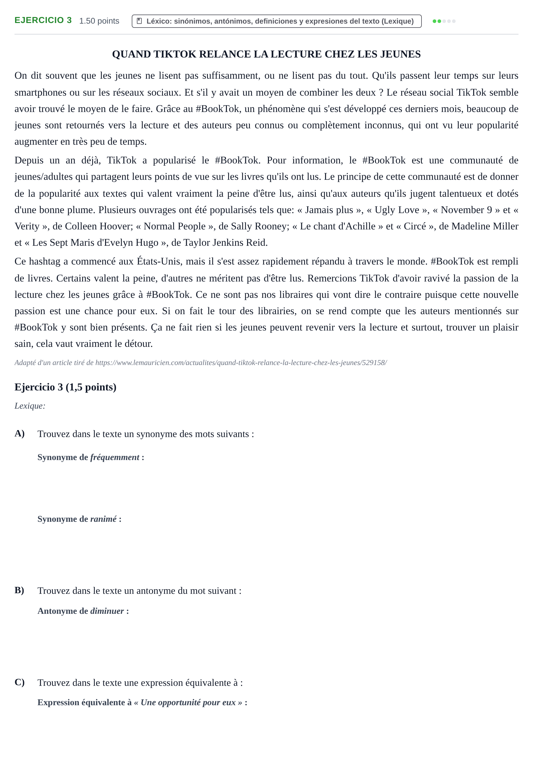 Enunciado: Ejercicio 3 · Francés PAU La Rioja Extraordinaria 2025