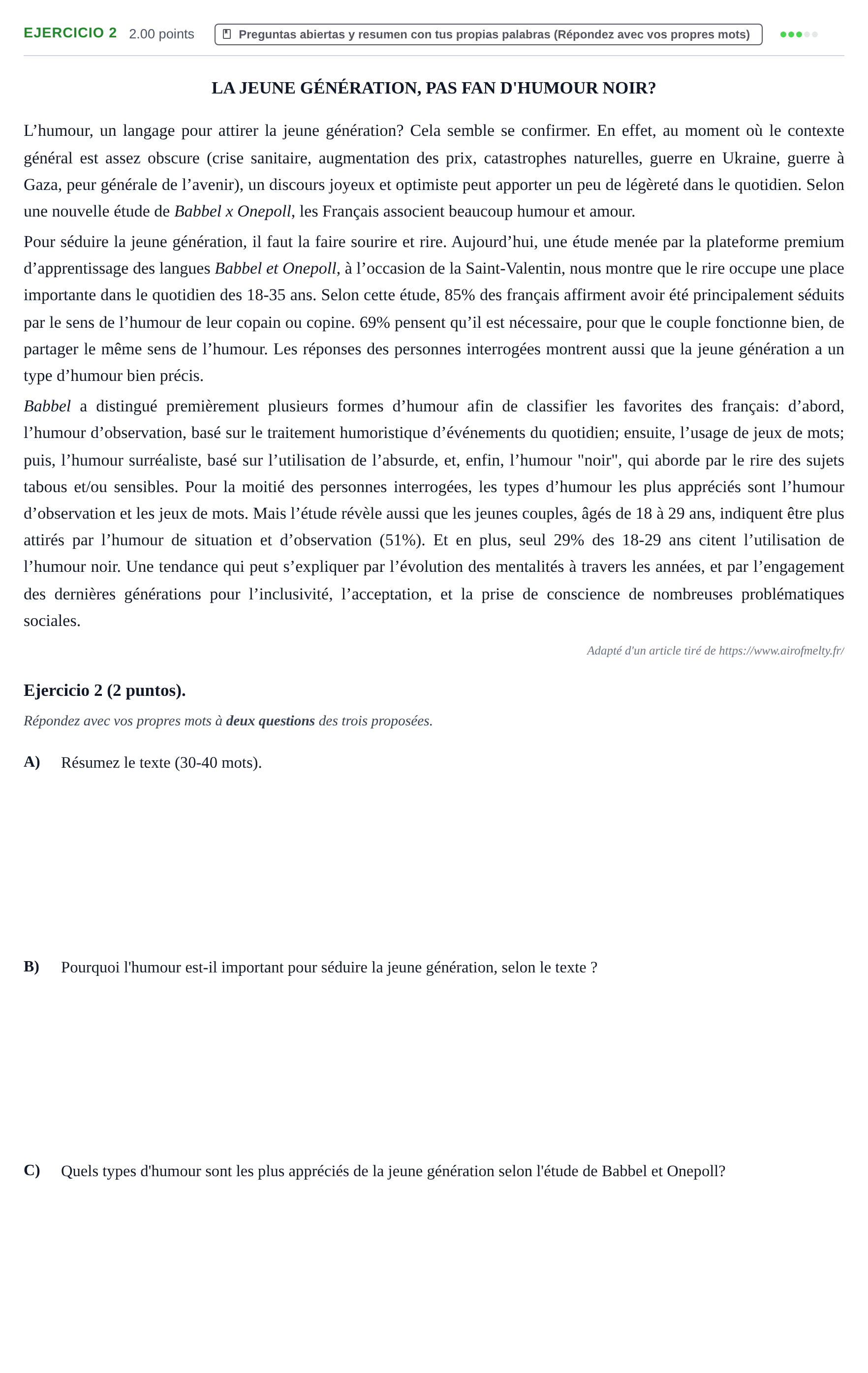Enunciado: Ejercicio 2 · Francés PAU La Rioja Ordinaria 2025