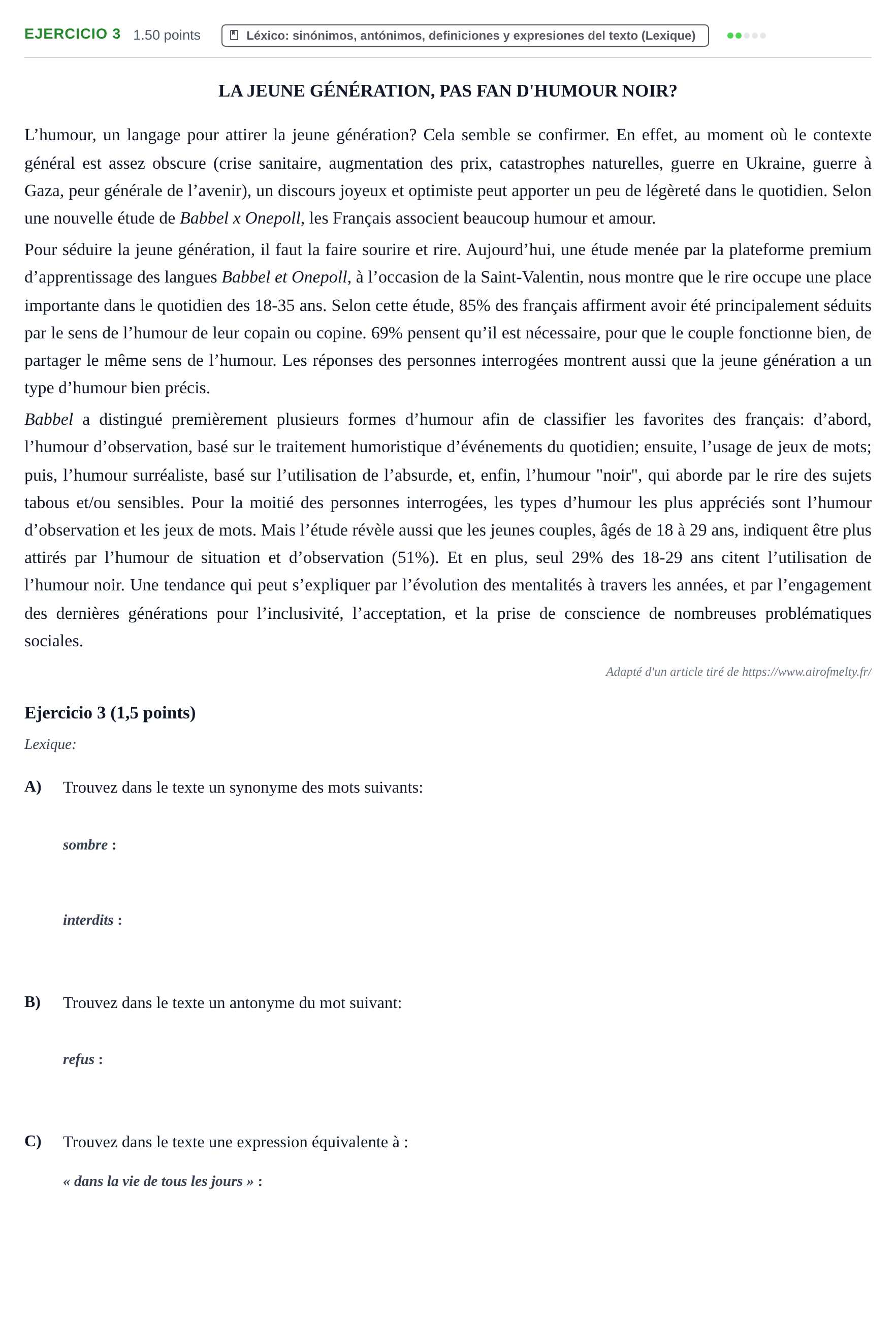 Enunciado: Ejercicio 3 · Francés PAU La Rioja Ordinaria 2025
