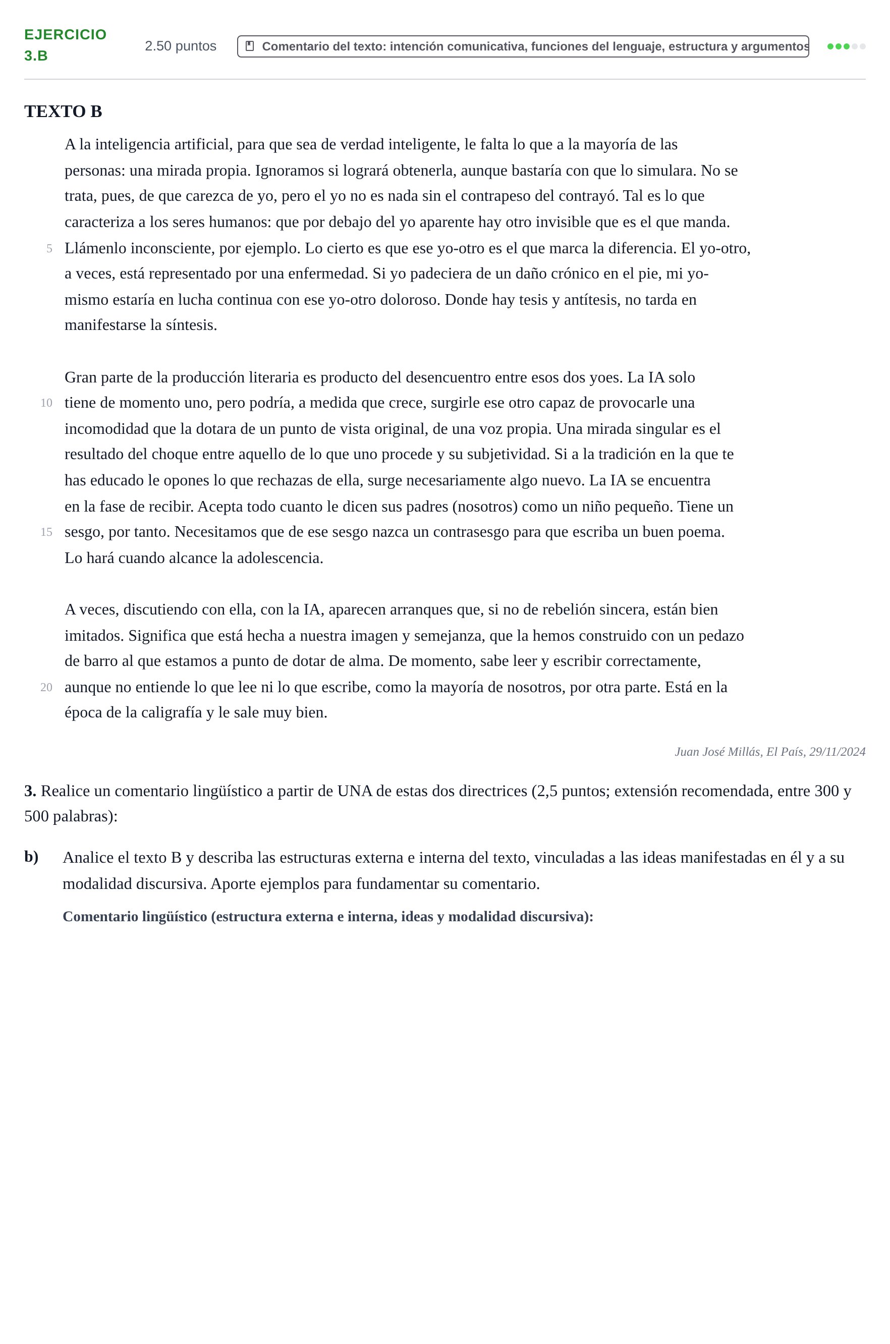 Enunciado: Ejercicio 3.b · Lengua Castellana y Literatura II PAU La Rioja Ordinaria 2025