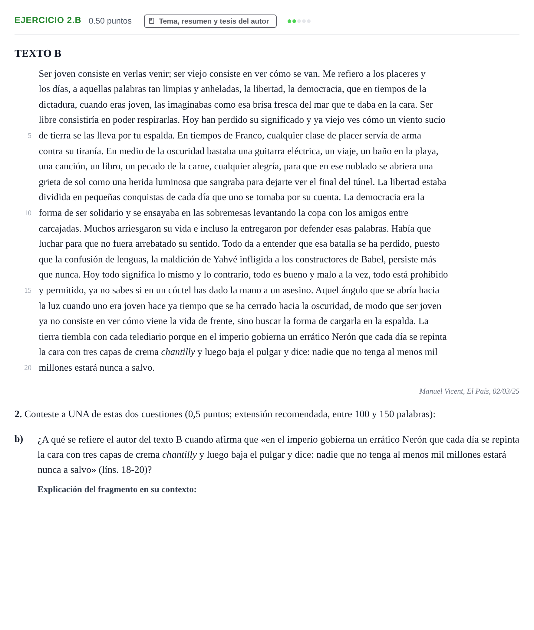Enunciado: Ejercicio 2.b · Lengua Castellana y Literatura II PAU La Rioja Extraordinaria 2025