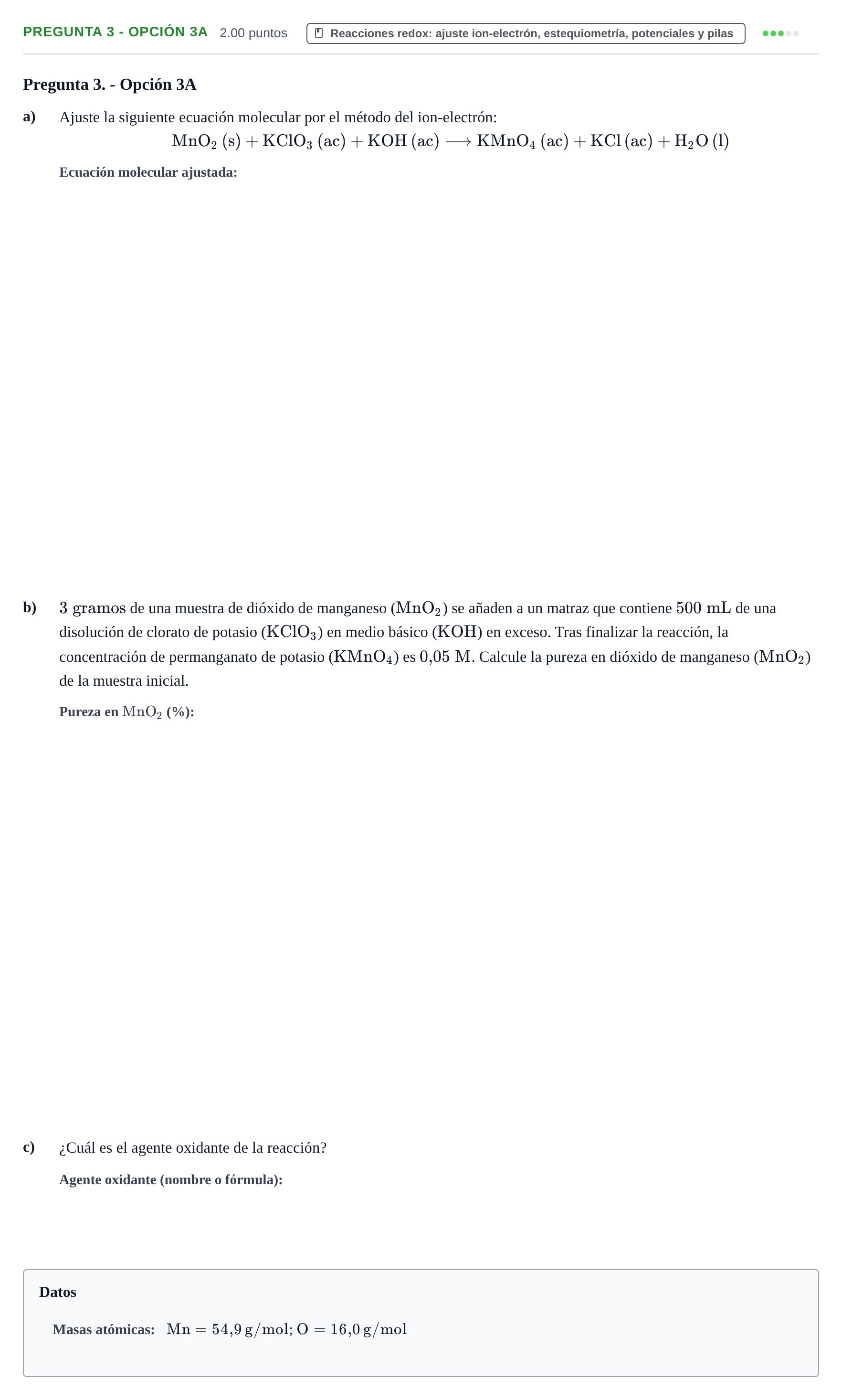 Enunciado: Pregunta 3 - Opción 3A · Química PAU La Rioja Extraordinaria 2025