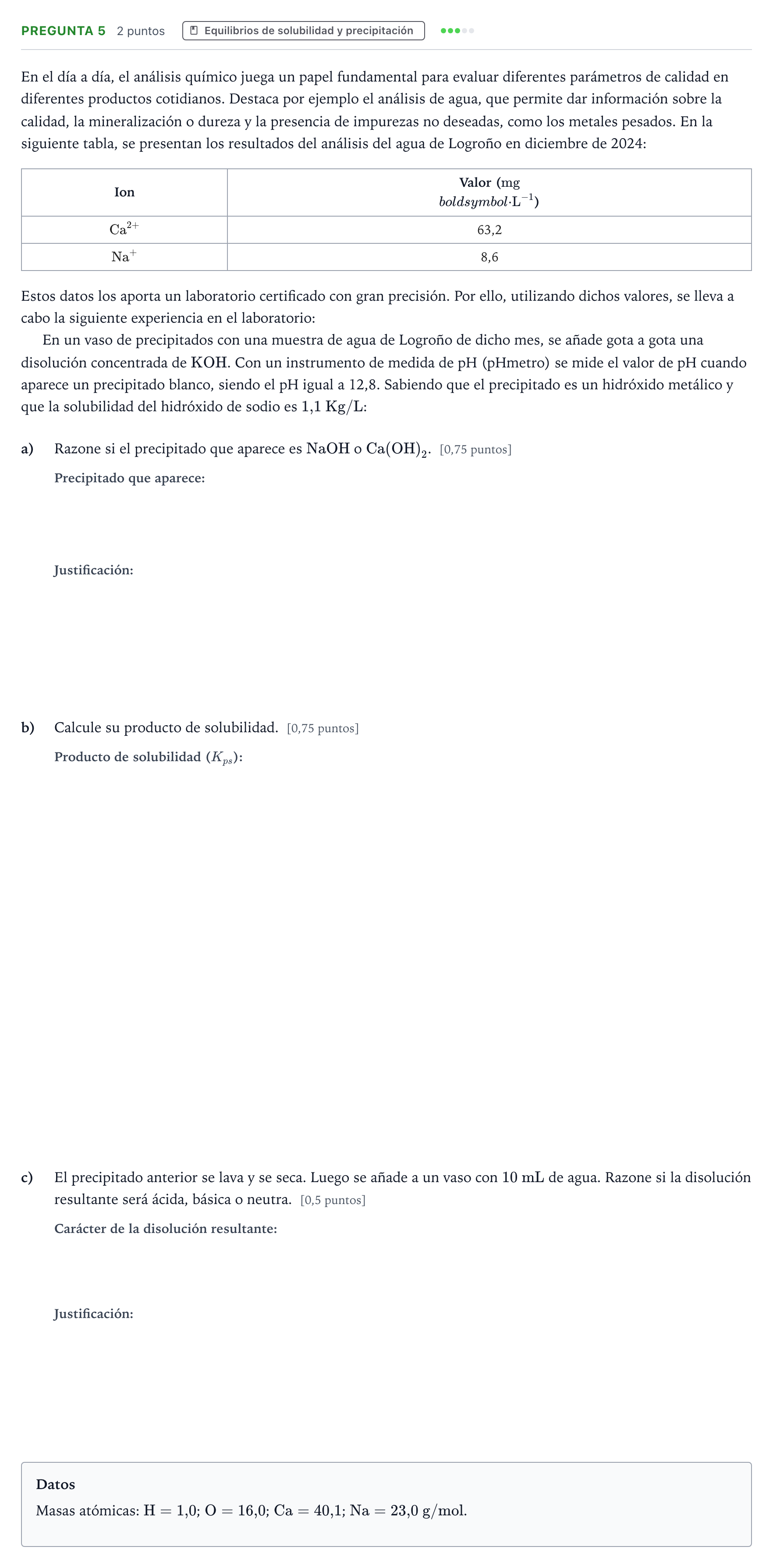Enunciado: Pregunta 5 · Química PAU La Rioja Extraordinaria 2025