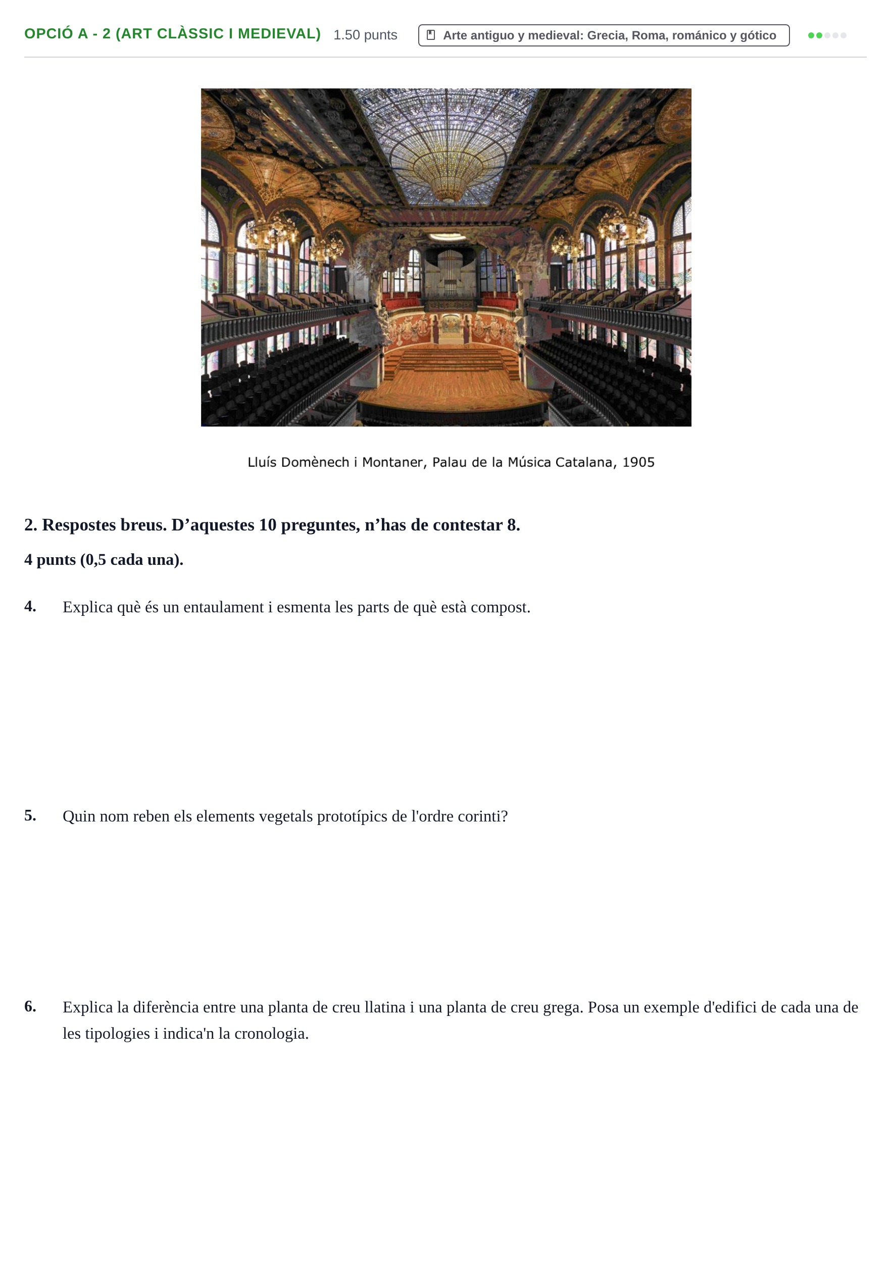 Enunciado: Ejercicio Opció A - 2 (Art clàssic i medieval) · Fundamentos Artísticos PAU Baleares Ordinaria 2024