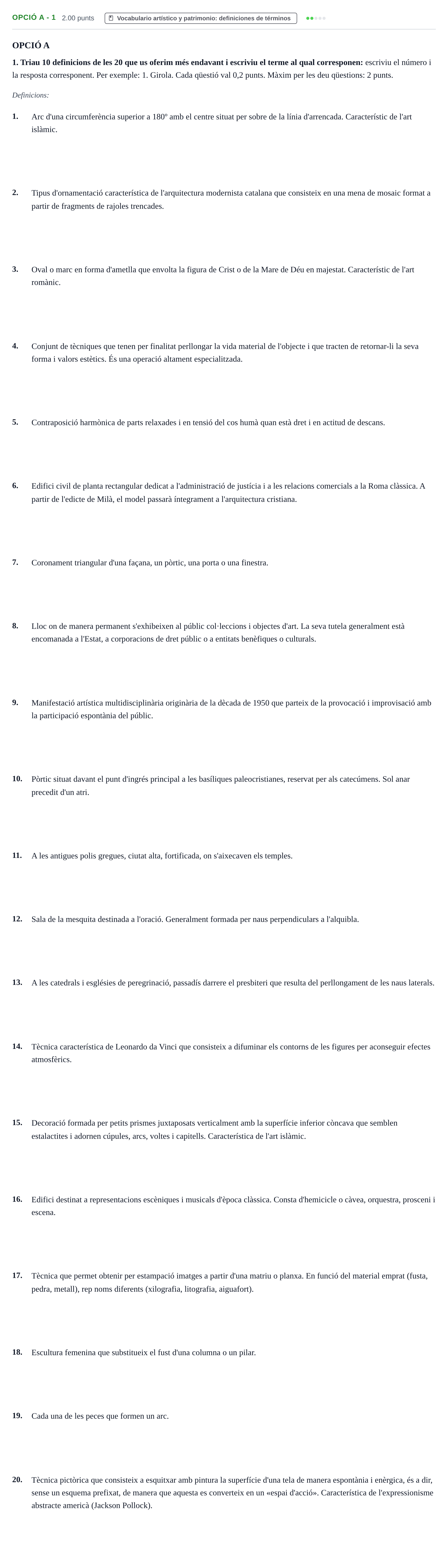 Enunciado: Ejercicio Opció A - 1 · Historia del Arte PAU Baleares Ordinaria 2024