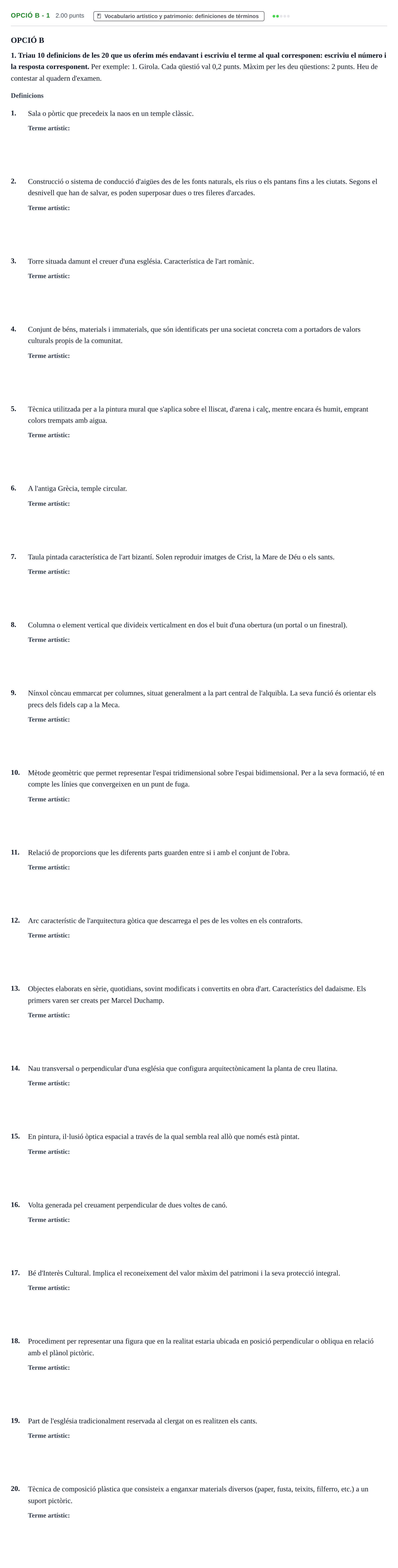 Enunciado: Ejercicio Opció B - 1 · Historia del Arte PAU Baleares Ordinaria 2024