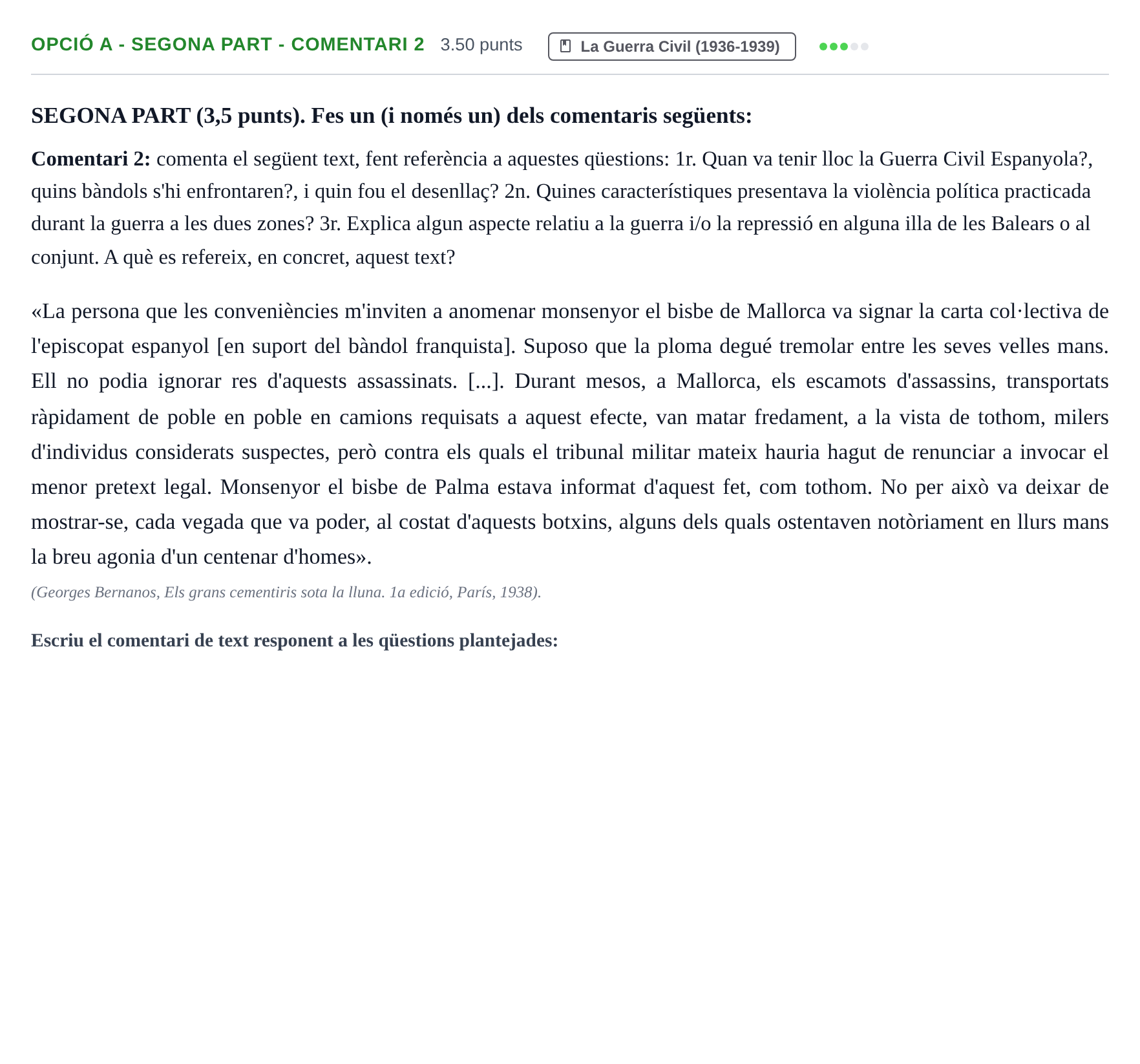 Enunciado: Ejercicio Opció A - Segona part - Comentari 2 · Historia de España PAU Baleares Extraordinaria 2024