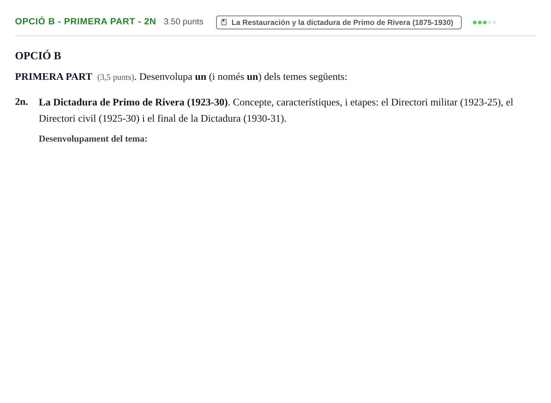 Enunciado: Ejercicio Opció B - Primera part - 2n · Historia de España PAU Baleares Extraordinaria 2024