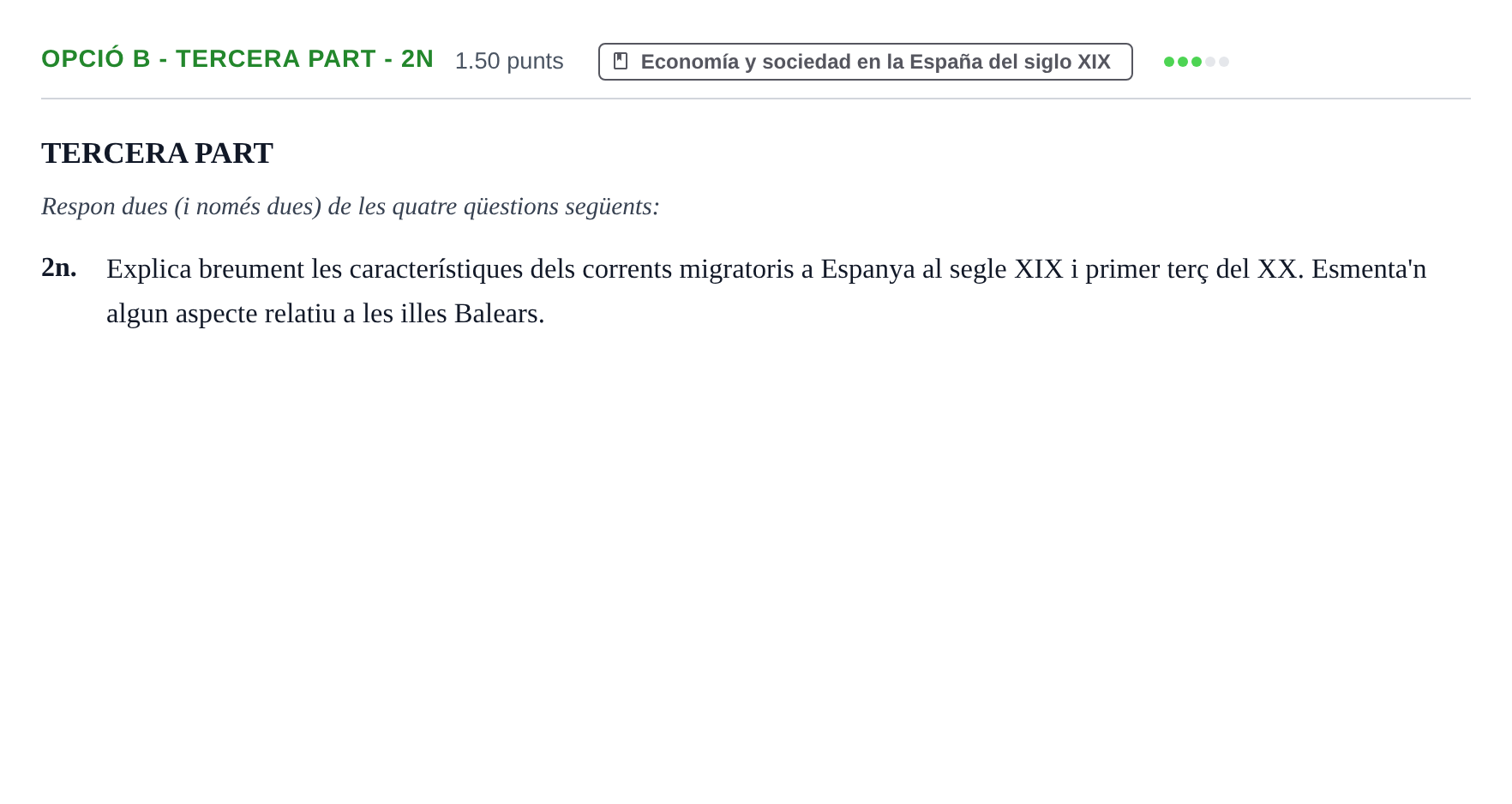 Enunciado: Ejercicio Opció B - Tercera part - 2n · Historia de España PAU Baleares Extraordinaria 2024