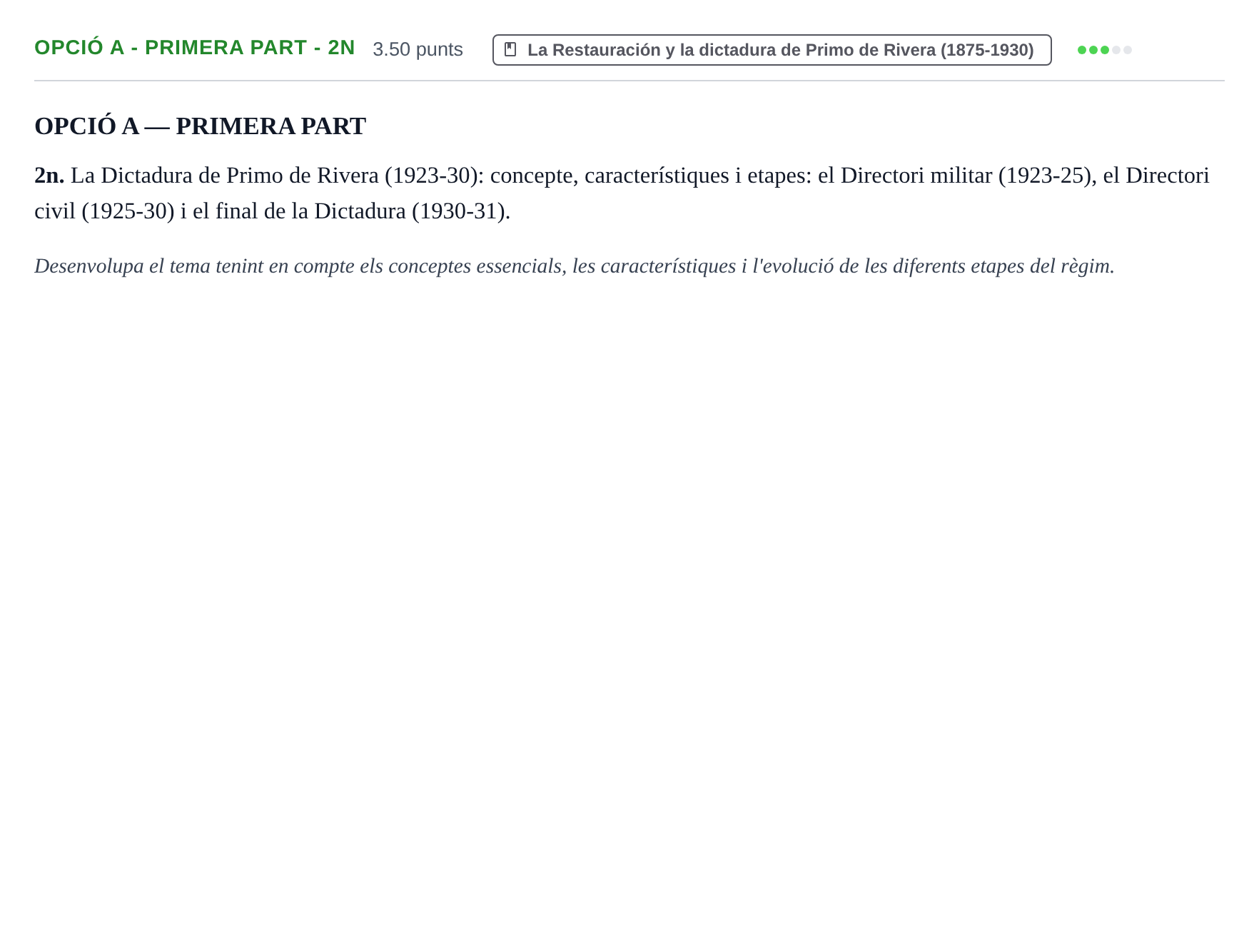 Enunciado: Ejercicio Opció A - Primera part - 2n · Historia de España PAU Baleares Ordinaria 2024