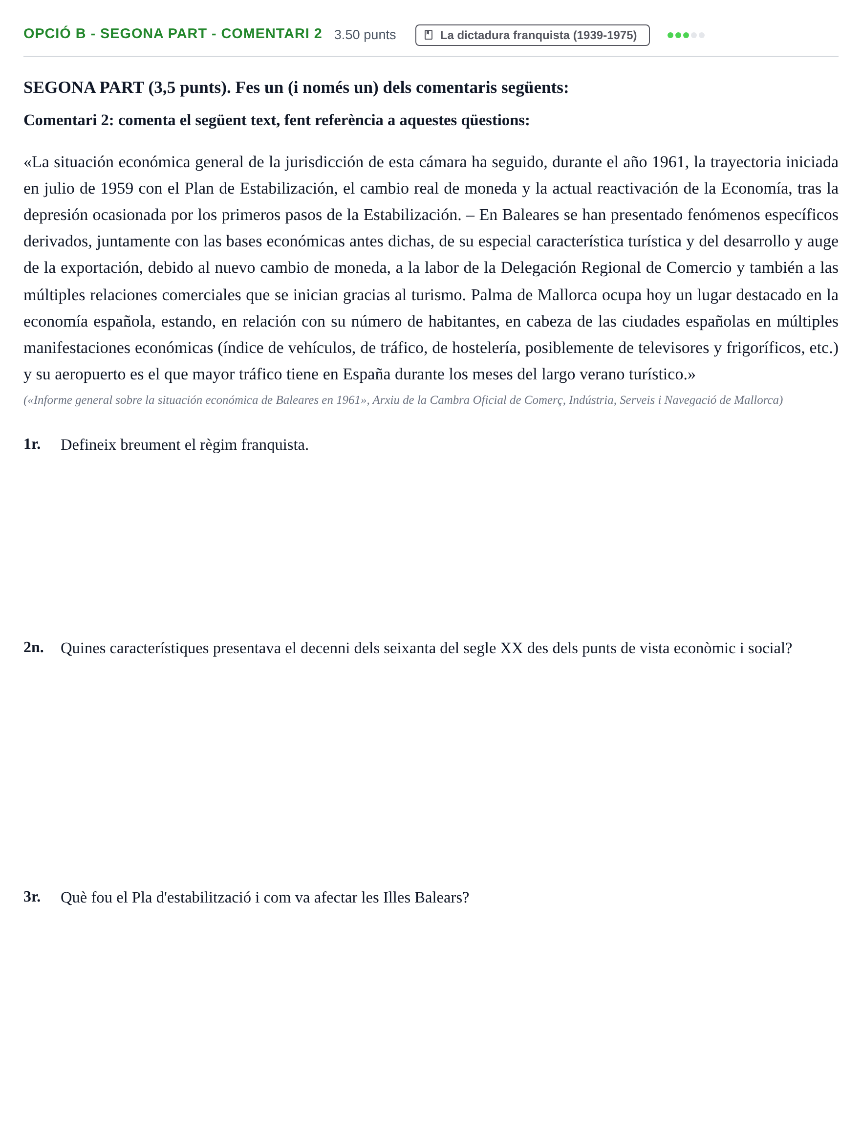 Enunciado: Ejercicio Opció B - Segona part - Comentari 2 · Historia de España PAU Baleares Ordinaria 2024