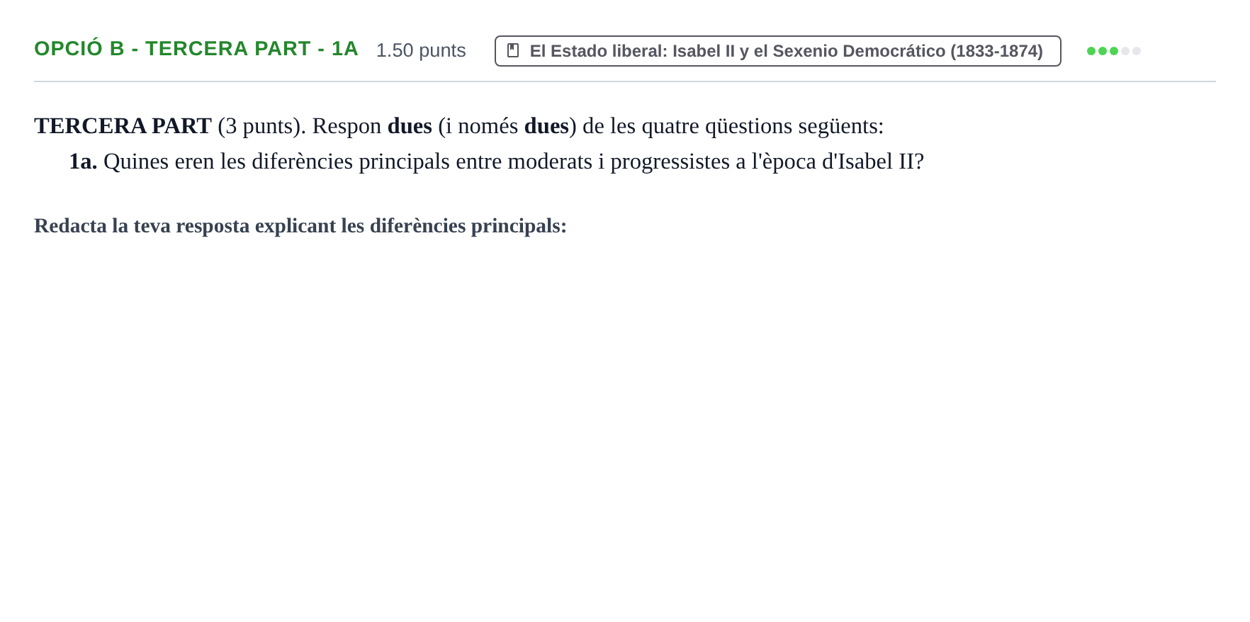 Enunciado: Ejercicio Opció B - Tercera part - 1a · Historia de España PAU Baleares Ordinaria 2024