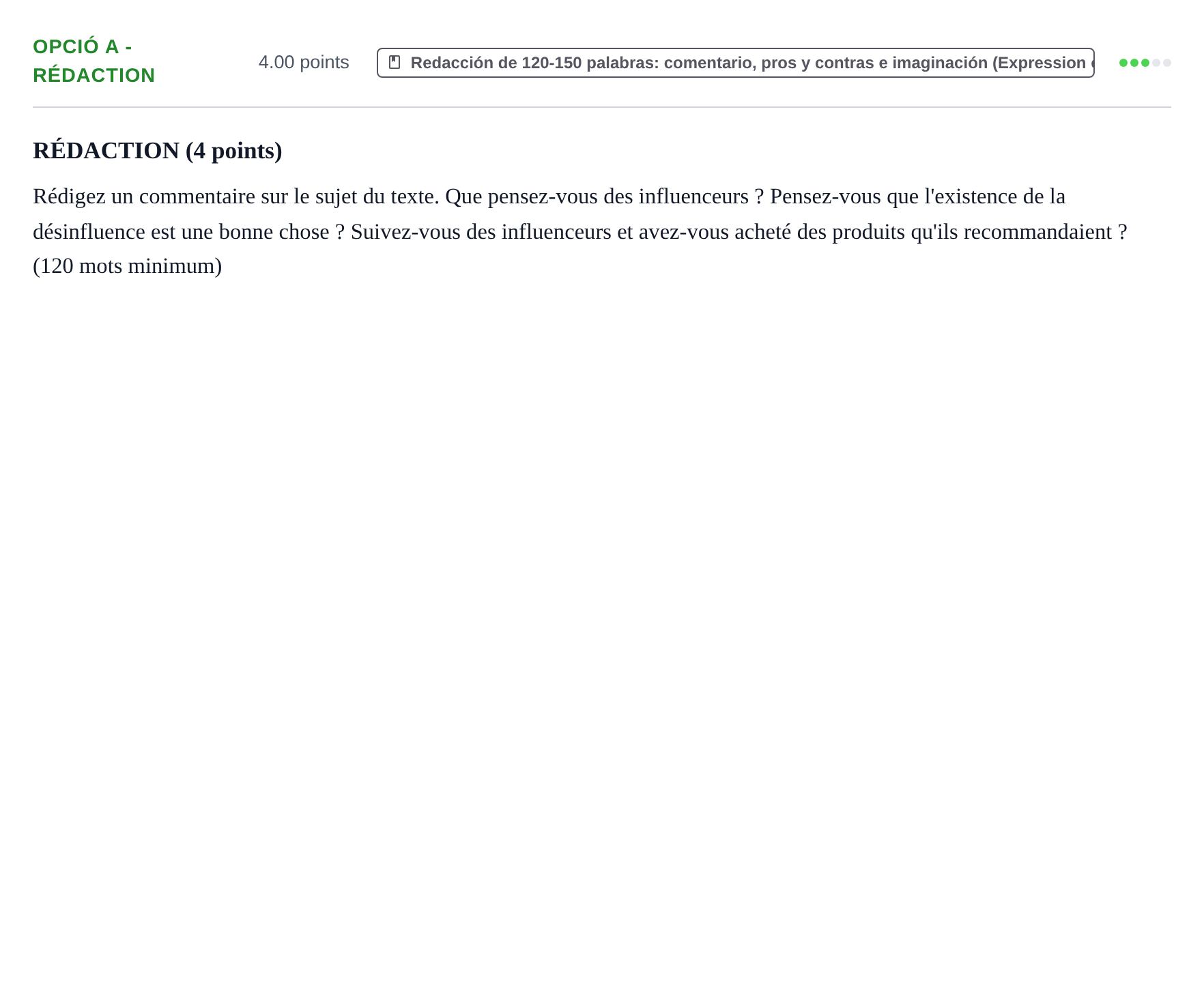 Enunciado: Ejercicio Opció A - Rédaction · Francés PAU Baleares Extraordinaria 2024
