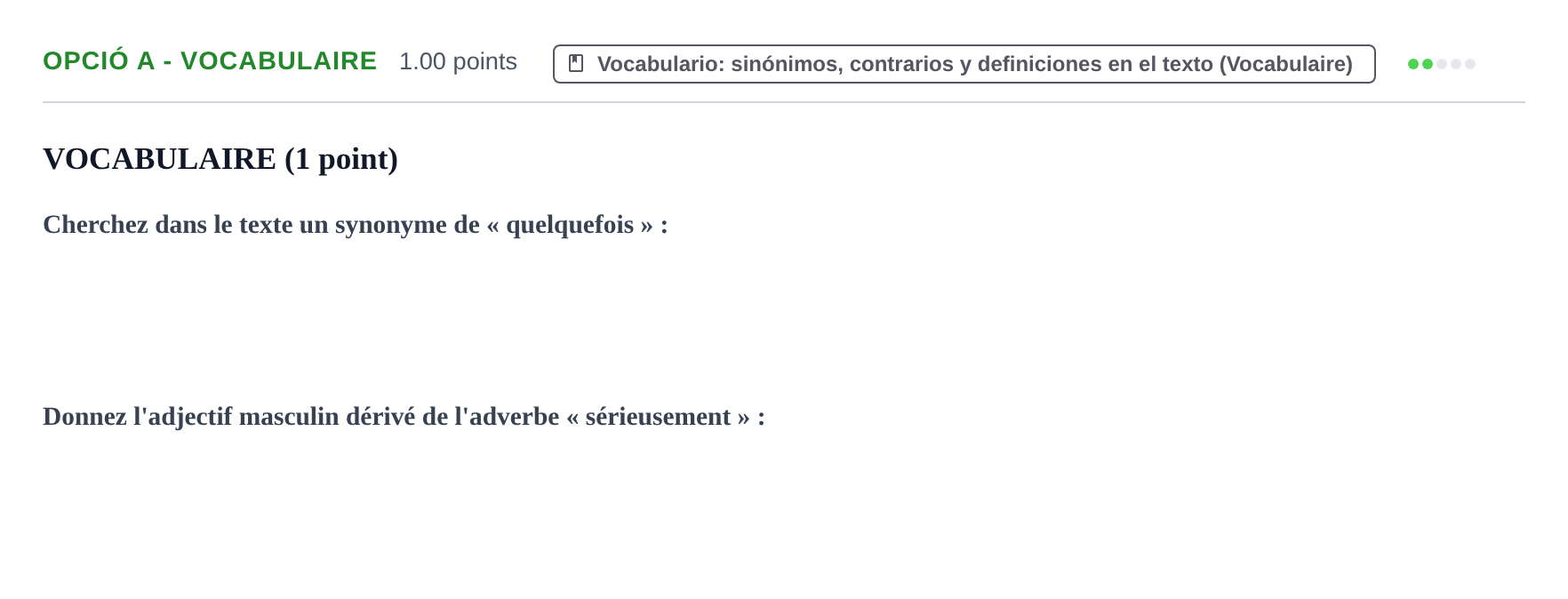 Enunciado: Ejercicio Opció A - Vocabulaire · Francés PAU Baleares Extraordinaria 2024