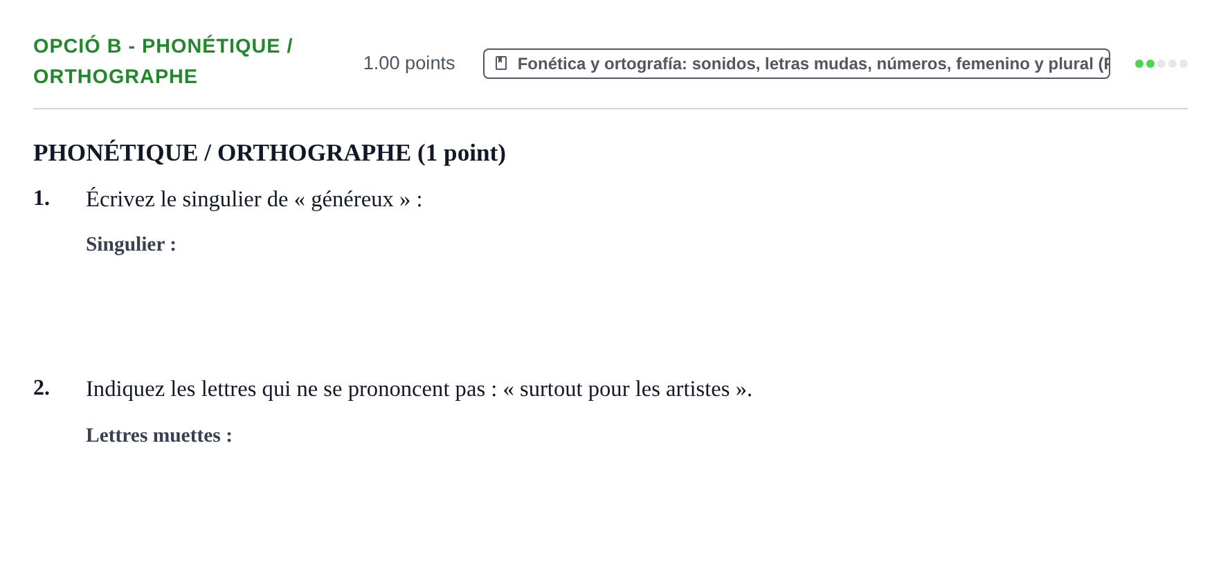 Enunciado: Ejercicio Opció B - Phonétique / Orthographe · Francés PAU Baleares Extraordinaria 2024