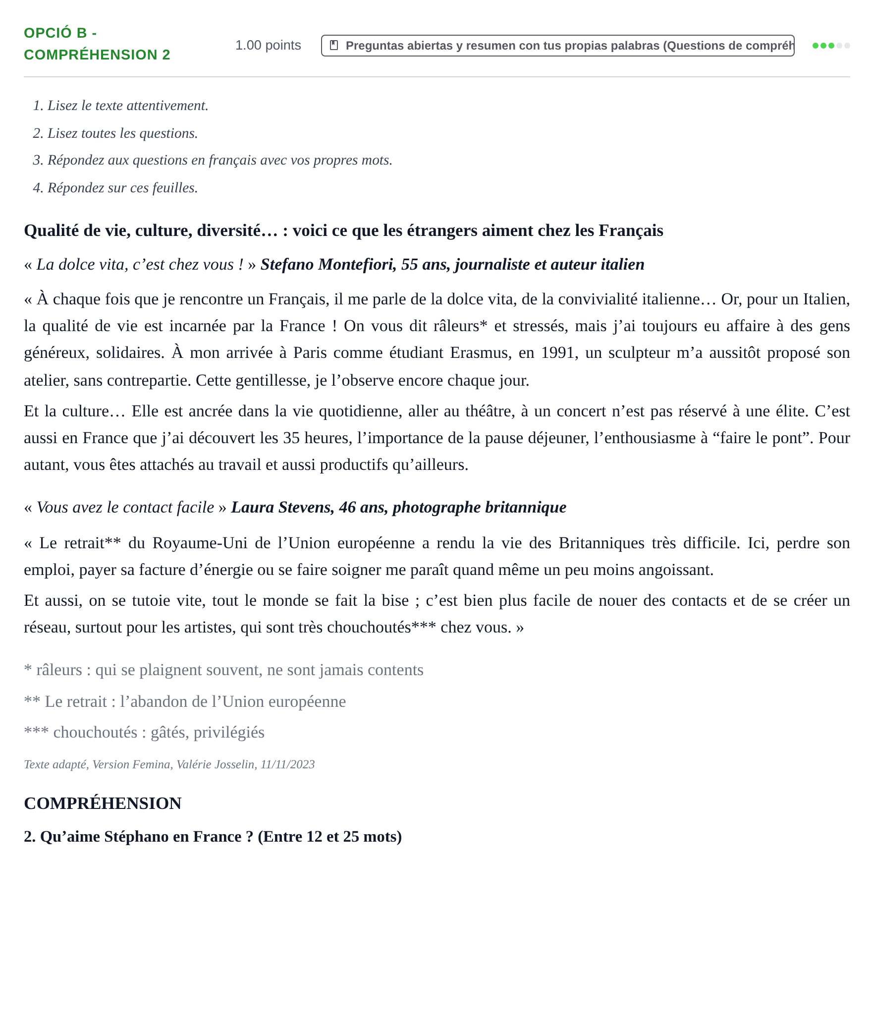 Enunciado: Ejercicio Opció B - Compréhension 2 · Francés PAU Baleares Extraordinaria 2024