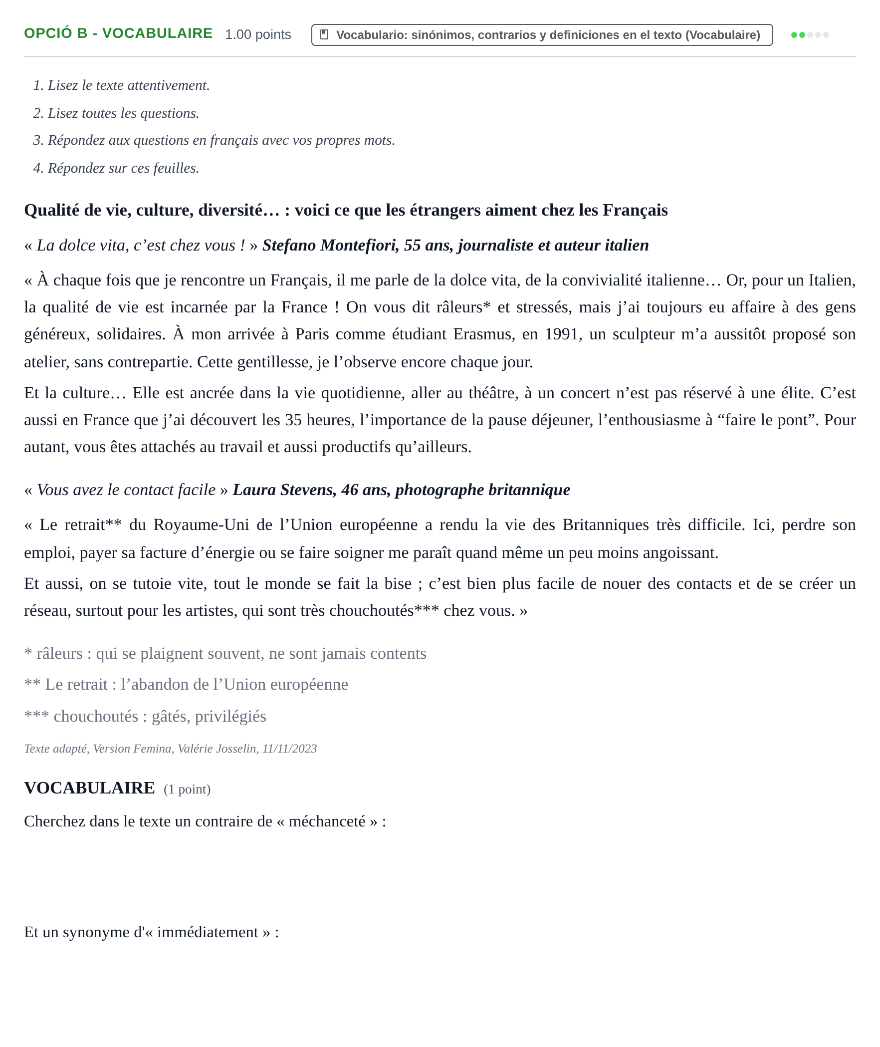 Enunciado: Ejercicio Opció B - Vocabulaire · Francés PAU Baleares Extraordinaria 2024