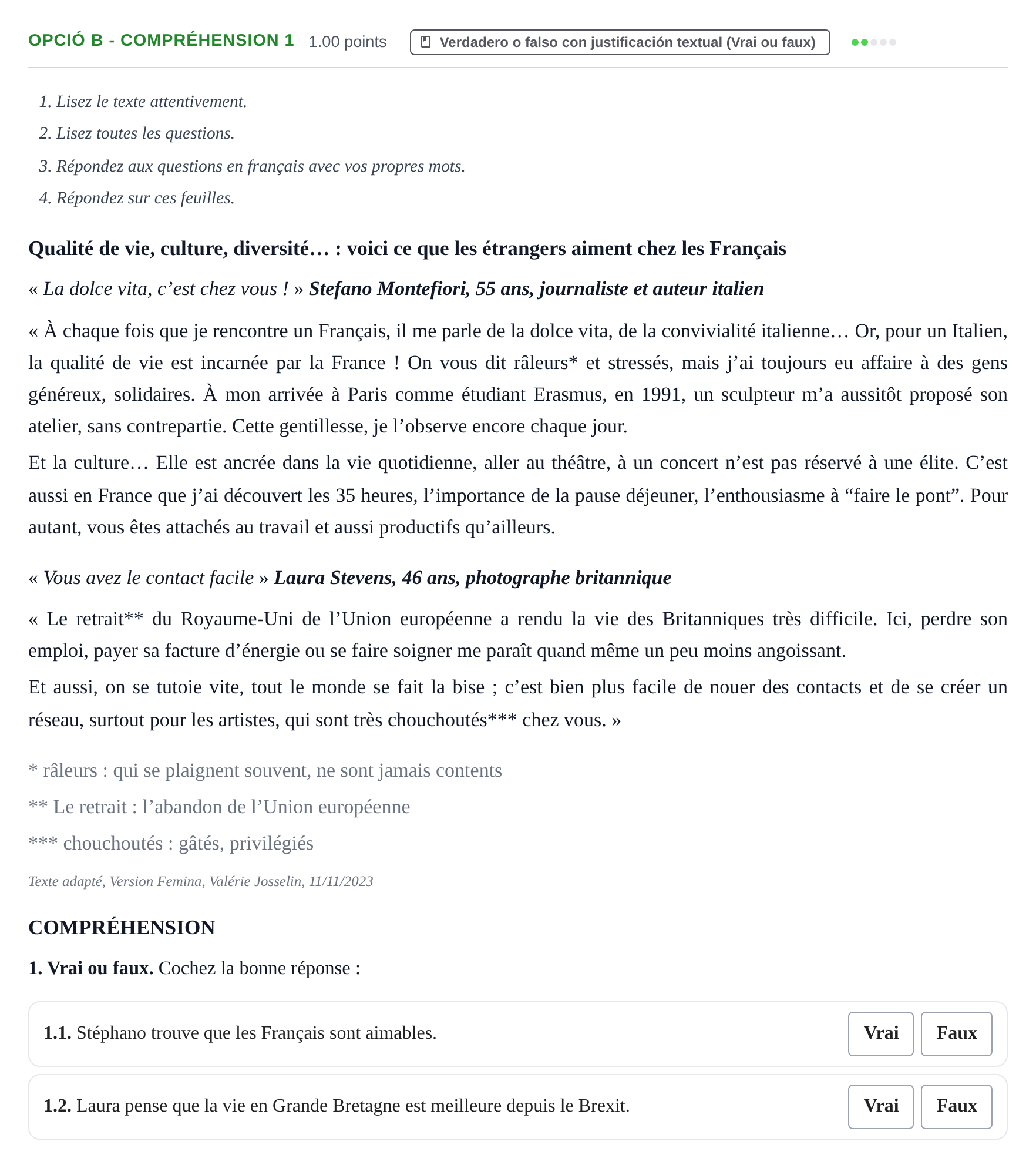 Enunciado: Ejercicio Opció B - Compréhension 1 · Francés PAU Baleares Extraordinaria 2024