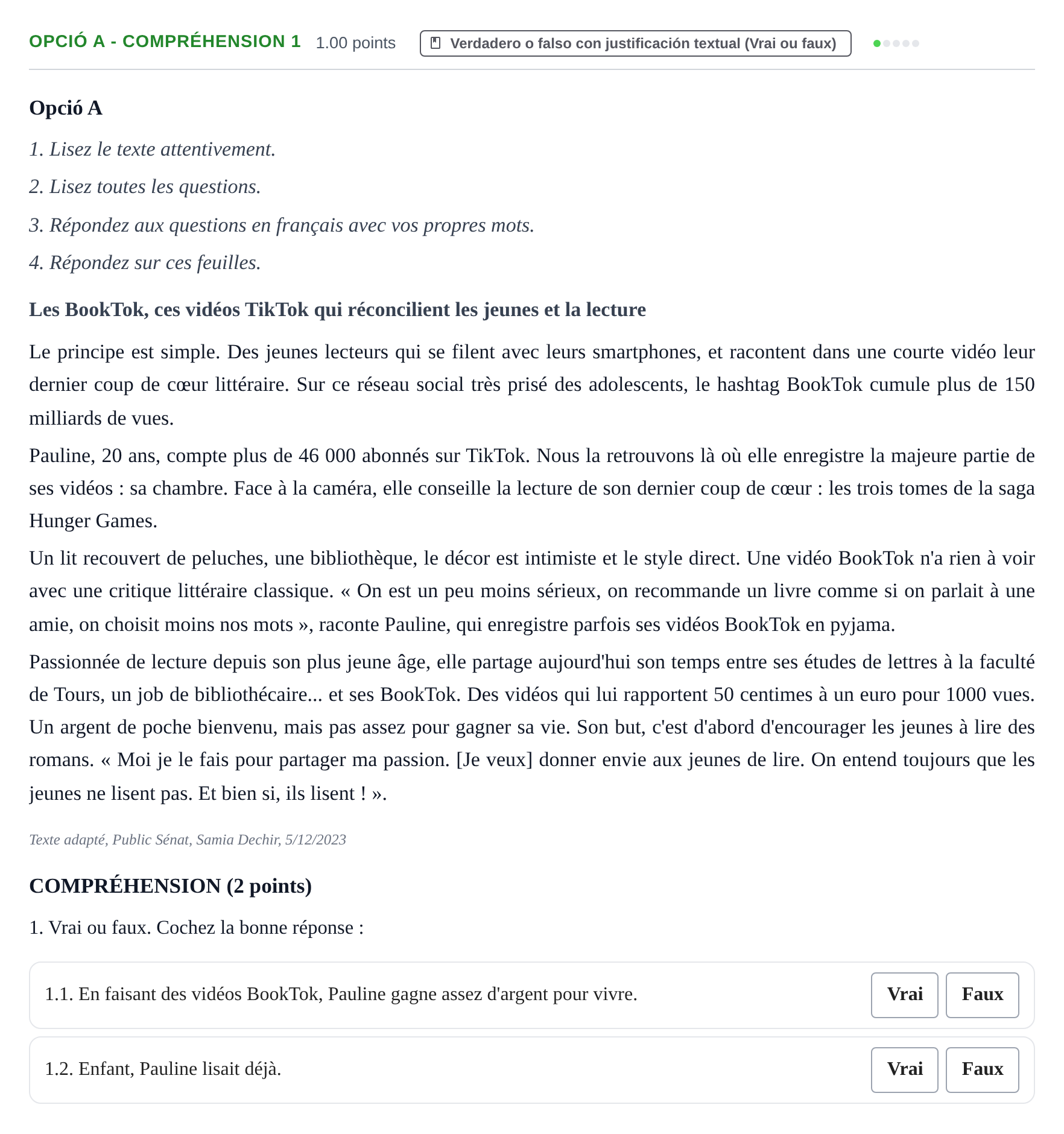 Enunciado: Ejercicio Opció A - Compréhension 1 · Francés PAU Baleares Ordinaria 2024