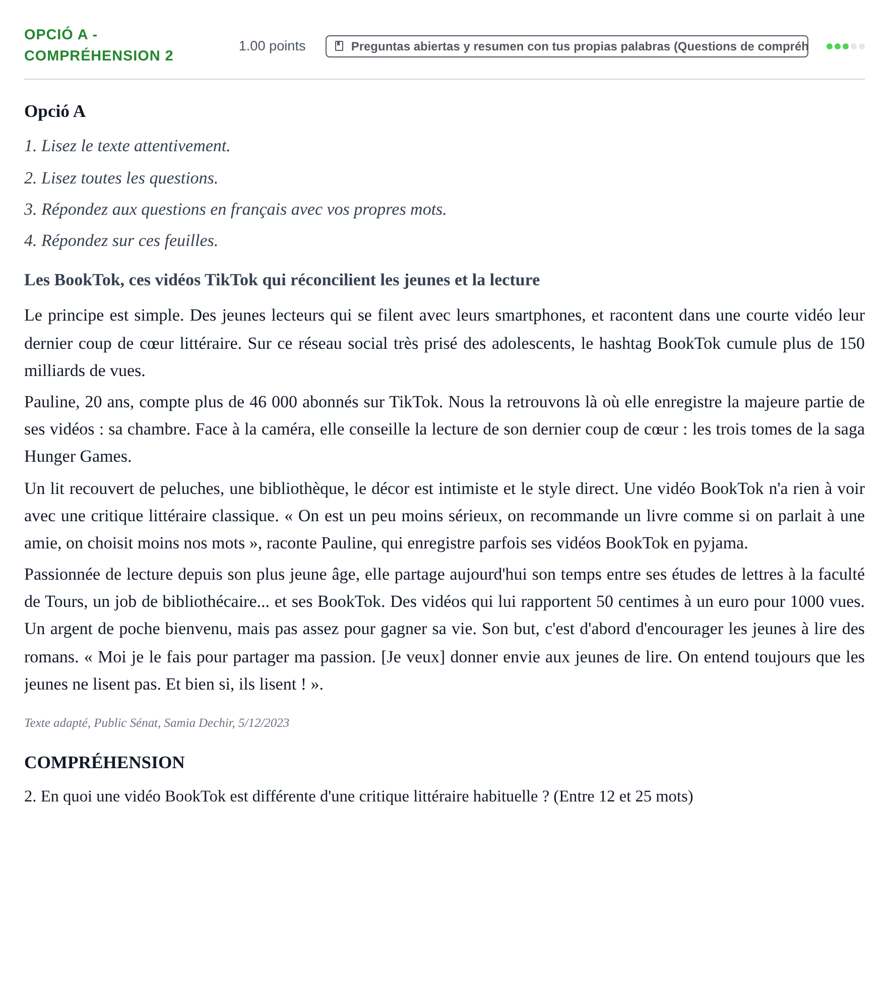 Enunciado: Ejercicio Opció A - Compréhension 2 · Francés PAU Baleares Ordinaria 2024