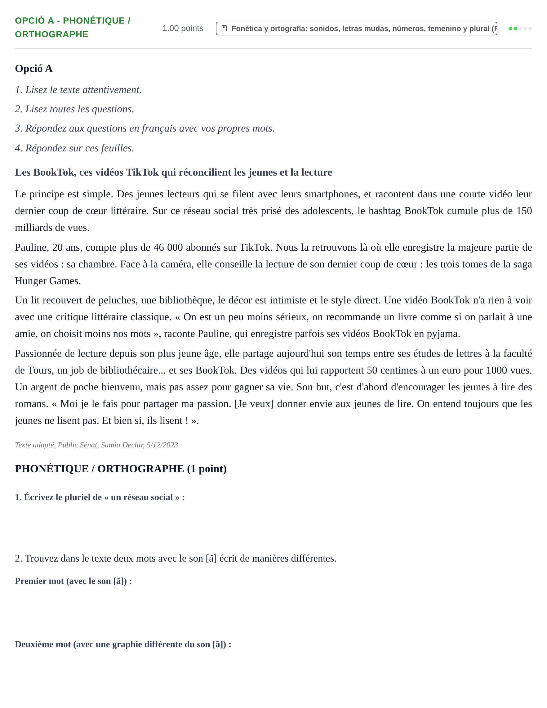 Enunciado: Ejercicio Opció A - Phonétique / Orthographe · Francés PAU Baleares Ordinaria 2024