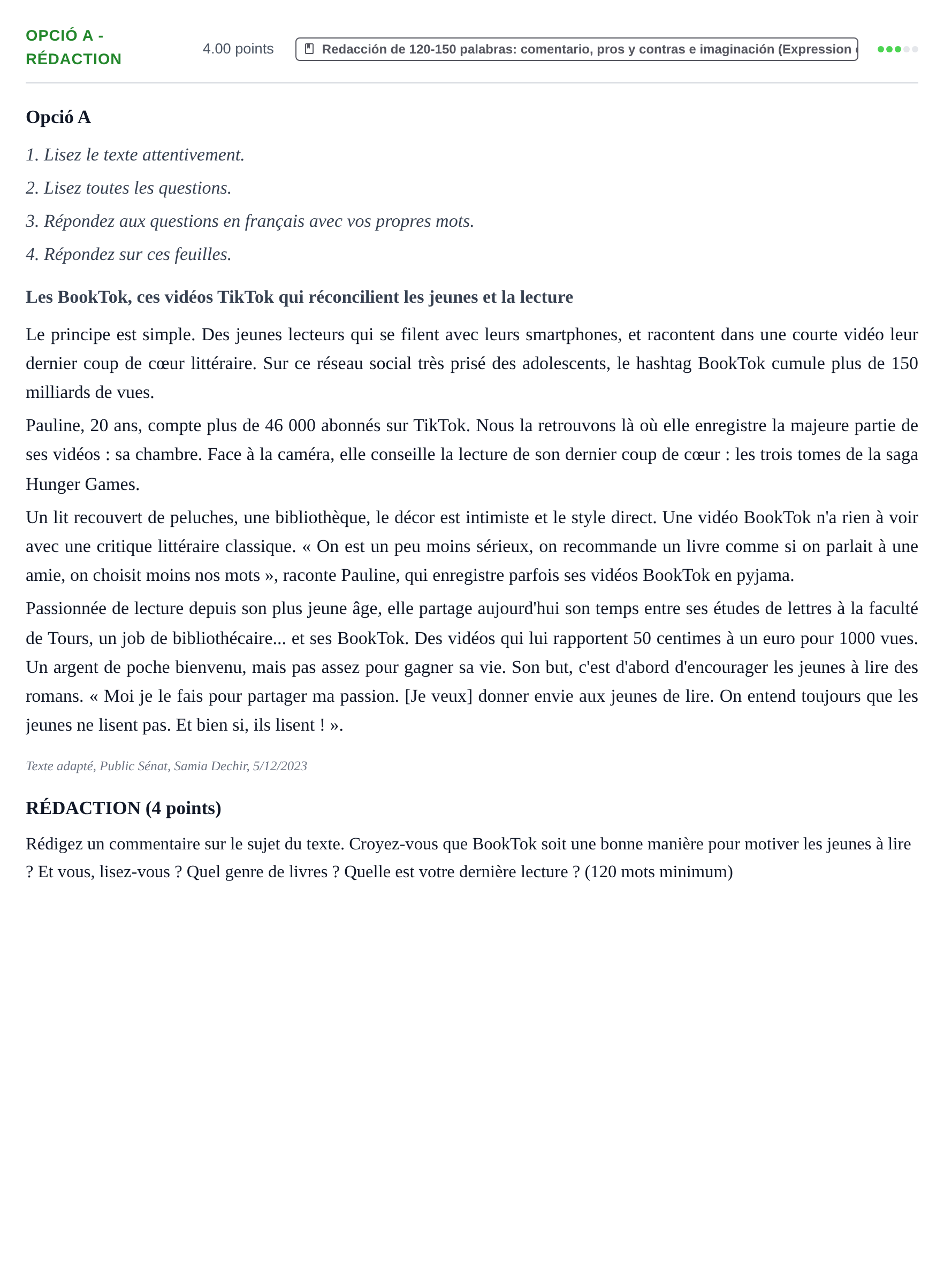 Enunciado: Ejercicio Opció A - Rédaction · Francés PAU Baleares Ordinaria 2024