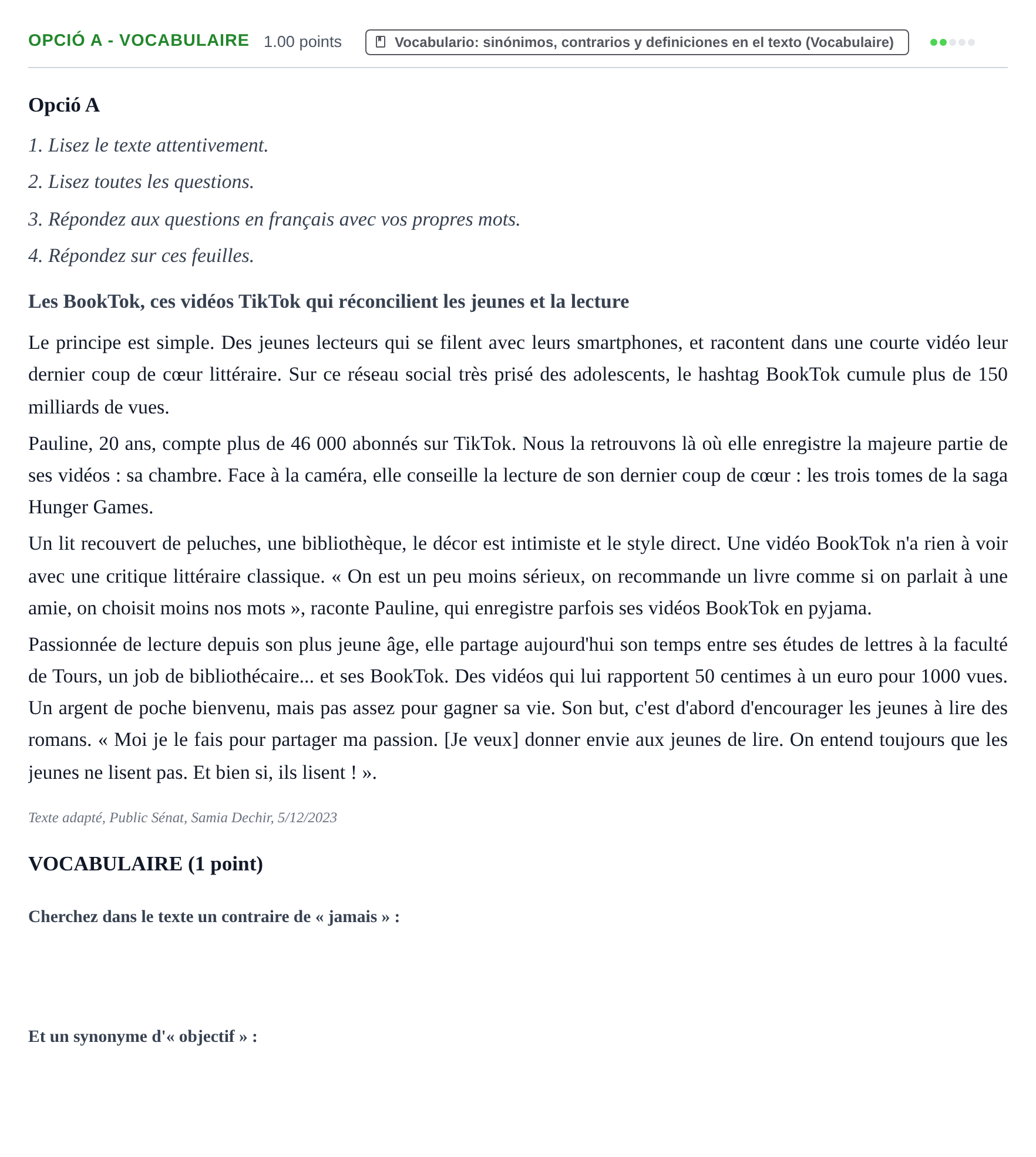 Enunciado: Ejercicio Opció A - Vocabulaire · Francés PAU Baleares Ordinaria 2024