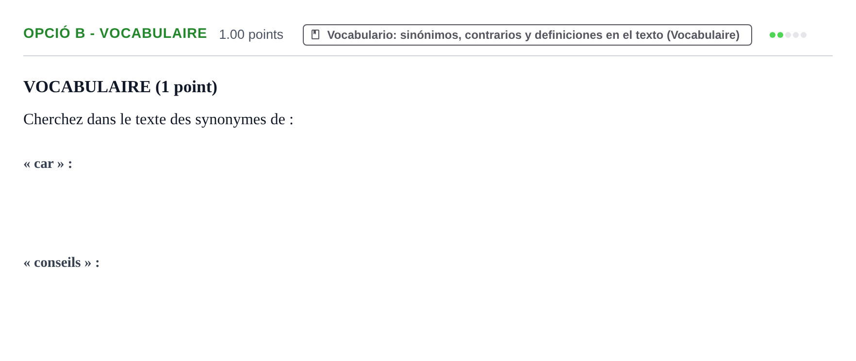 Enunciado: Ejercicio Opció B - Vocabulaire · Francés PAU Baleares Ordinaria 2024