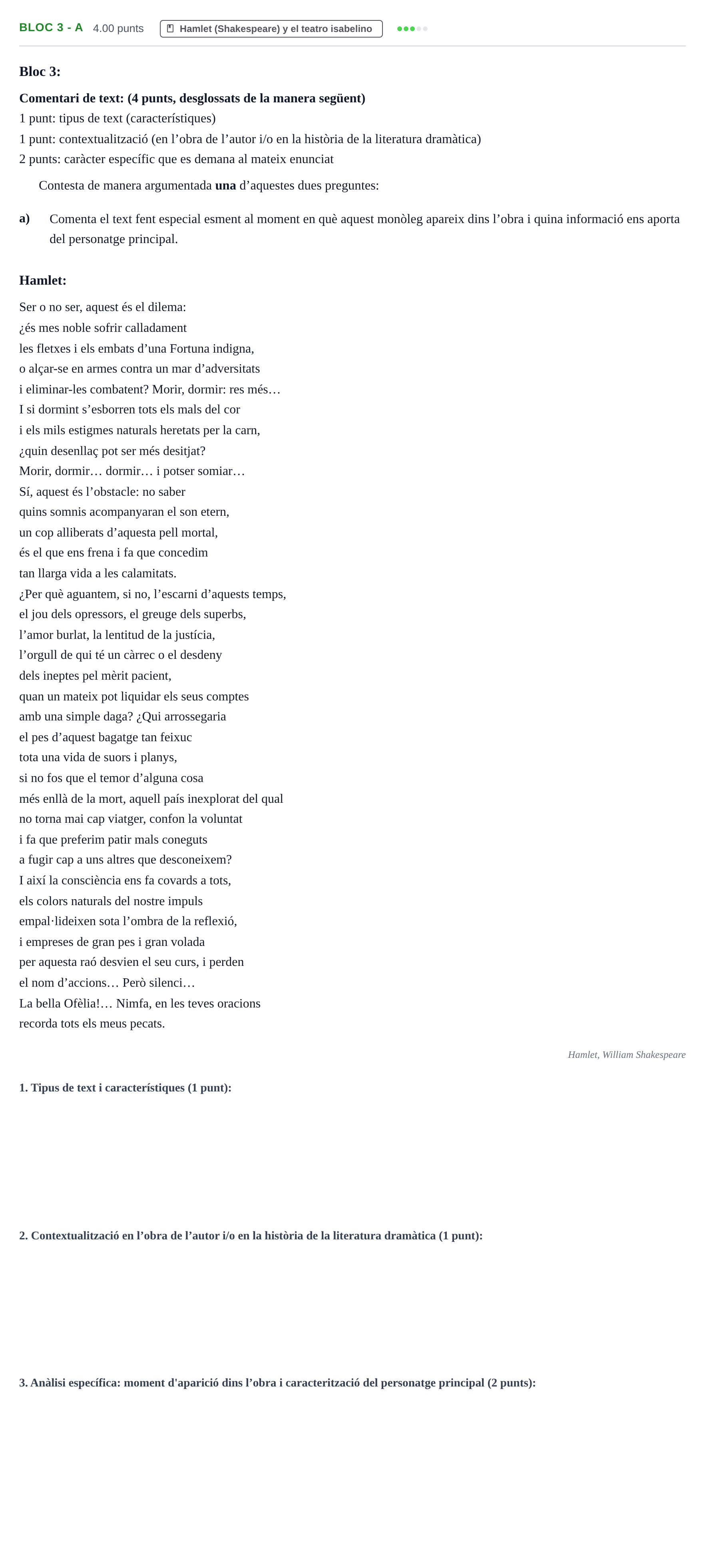 Enunciado: Ejercicio Bloc 3 - a · Literatura Dramática PAU Baleares Ordinaria 2024