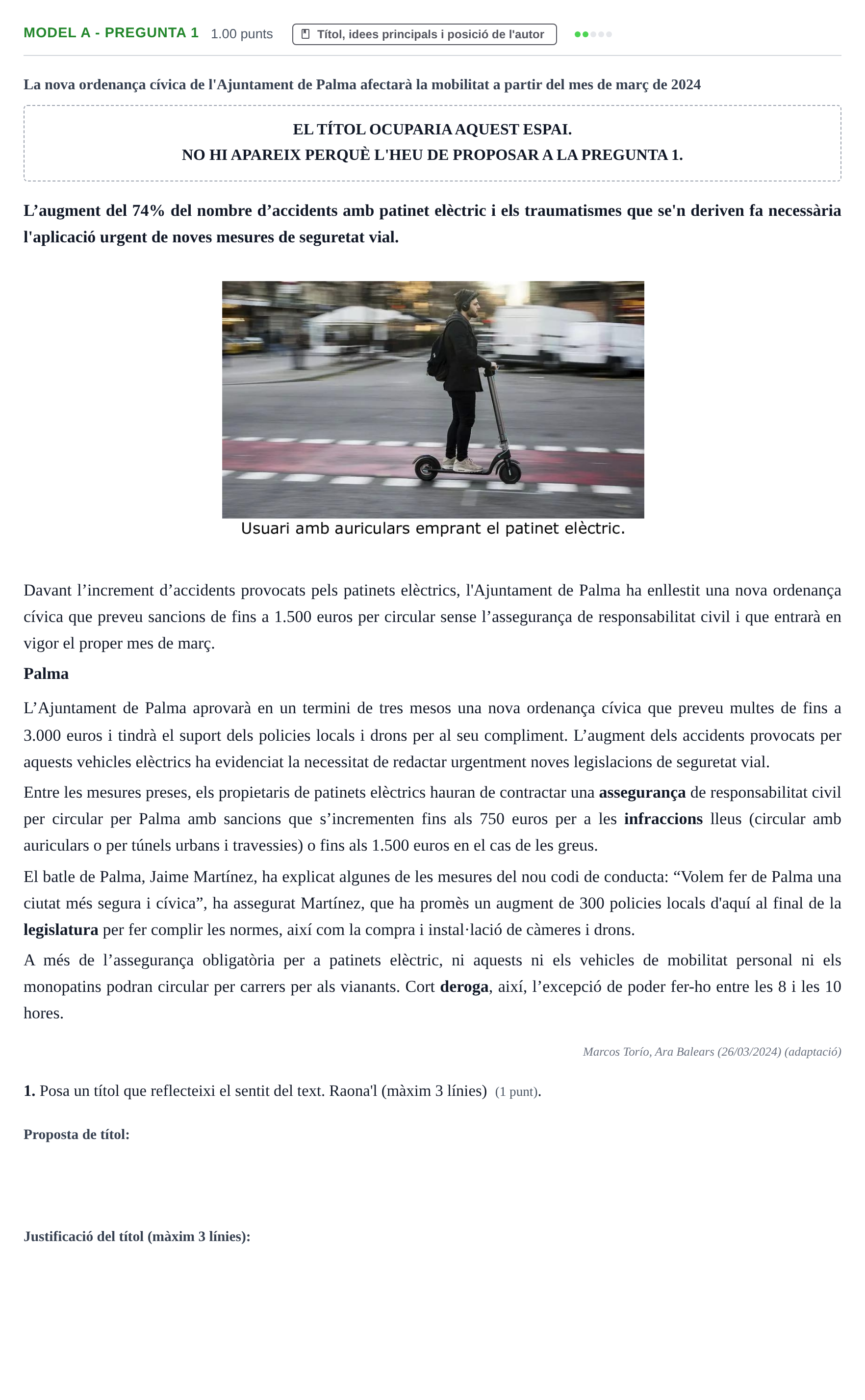 Enunciado: Ejercicio Model A - Pregunta 1 · Lengua Catalana y Literatura II PAU Baleares Extraordinaria 2024