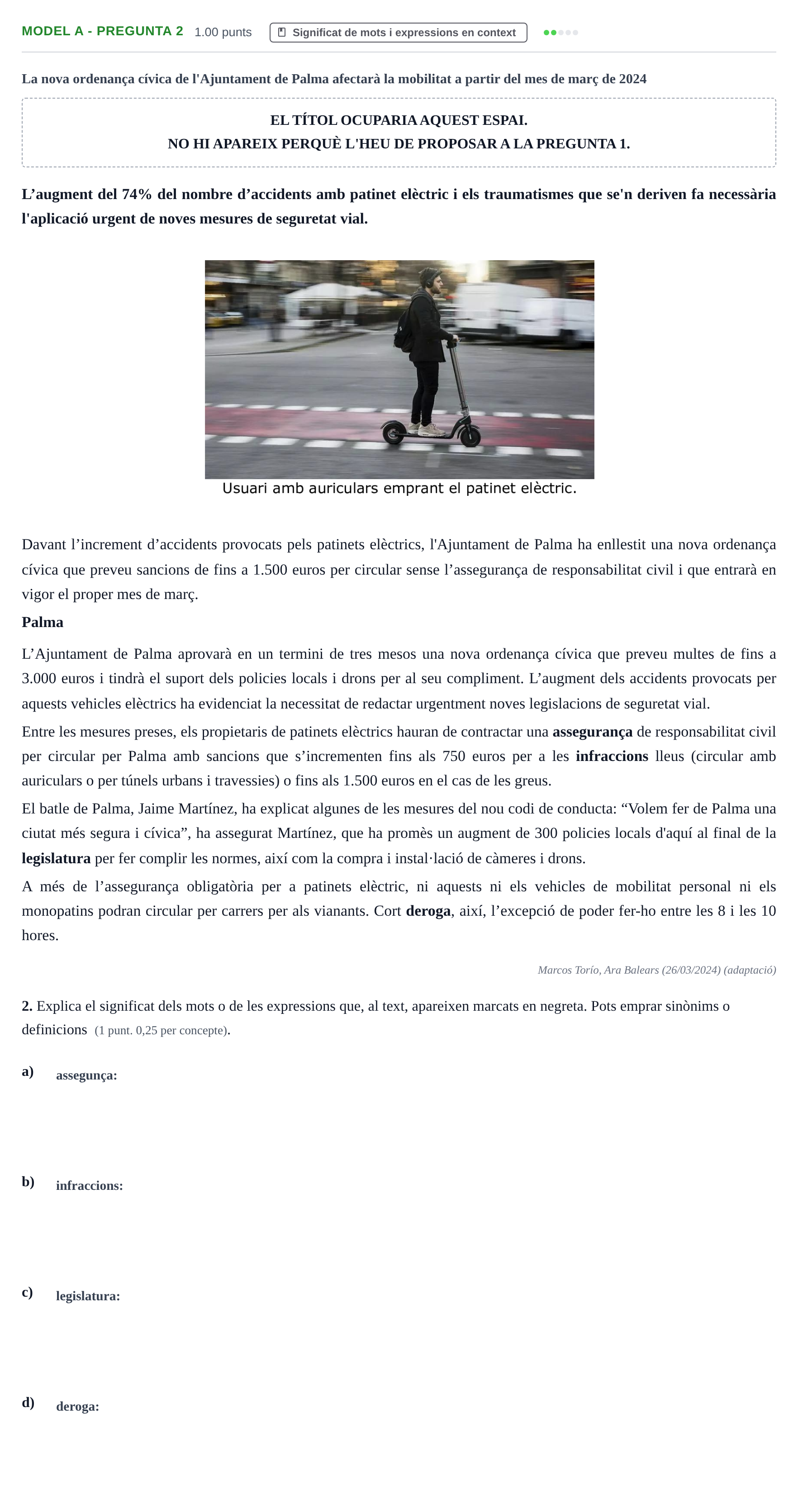Enunciado: Ejercicio Model A - Pregunta 2 · Lengua Catalana y Literatura II PAU Baleares Extraordinaria 2024