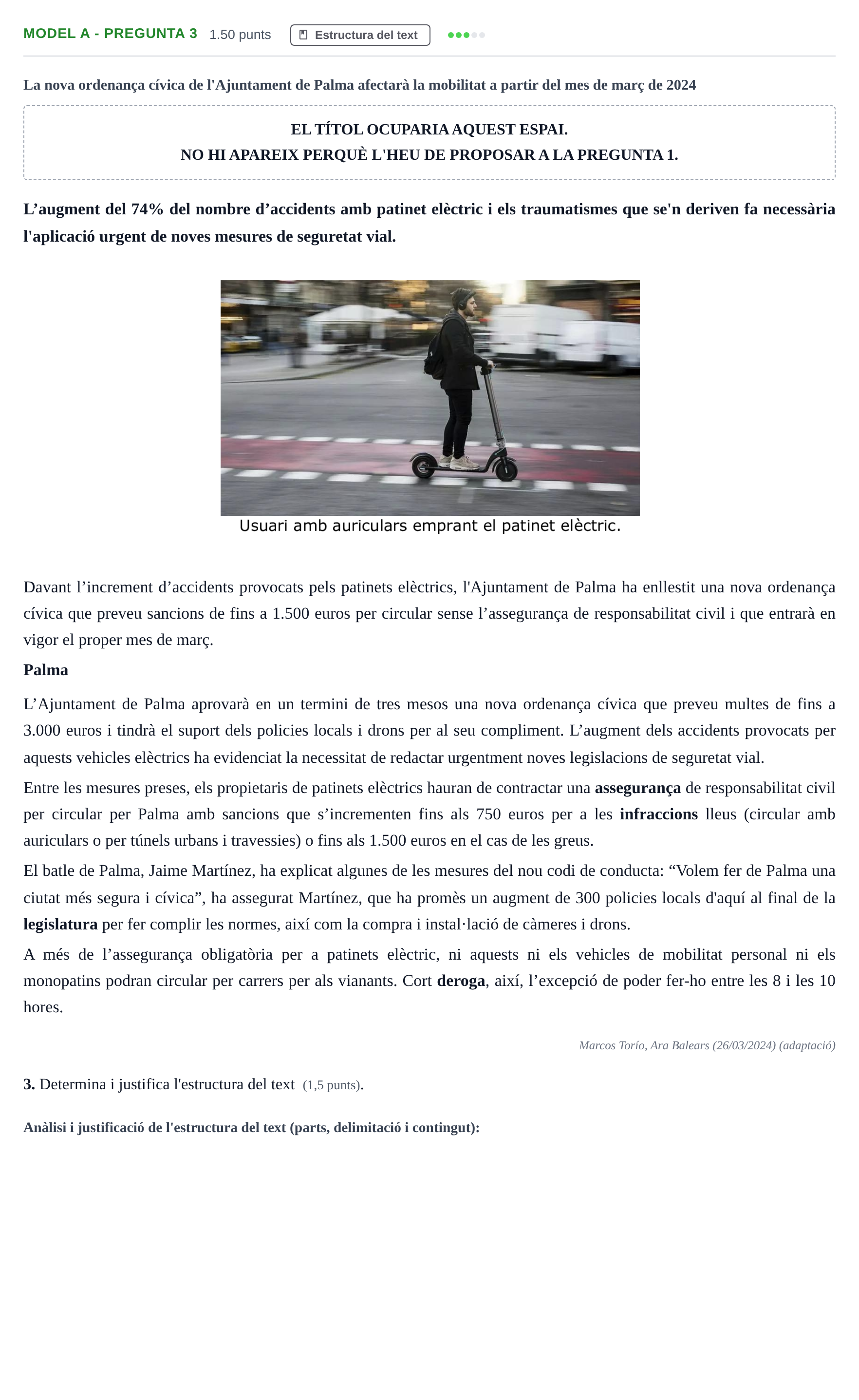 Enunciado: Ejercicio Model A - Pregunta 3 · Lengua Catalana y Literatura II PAU Baleares Extraordinaria 2024